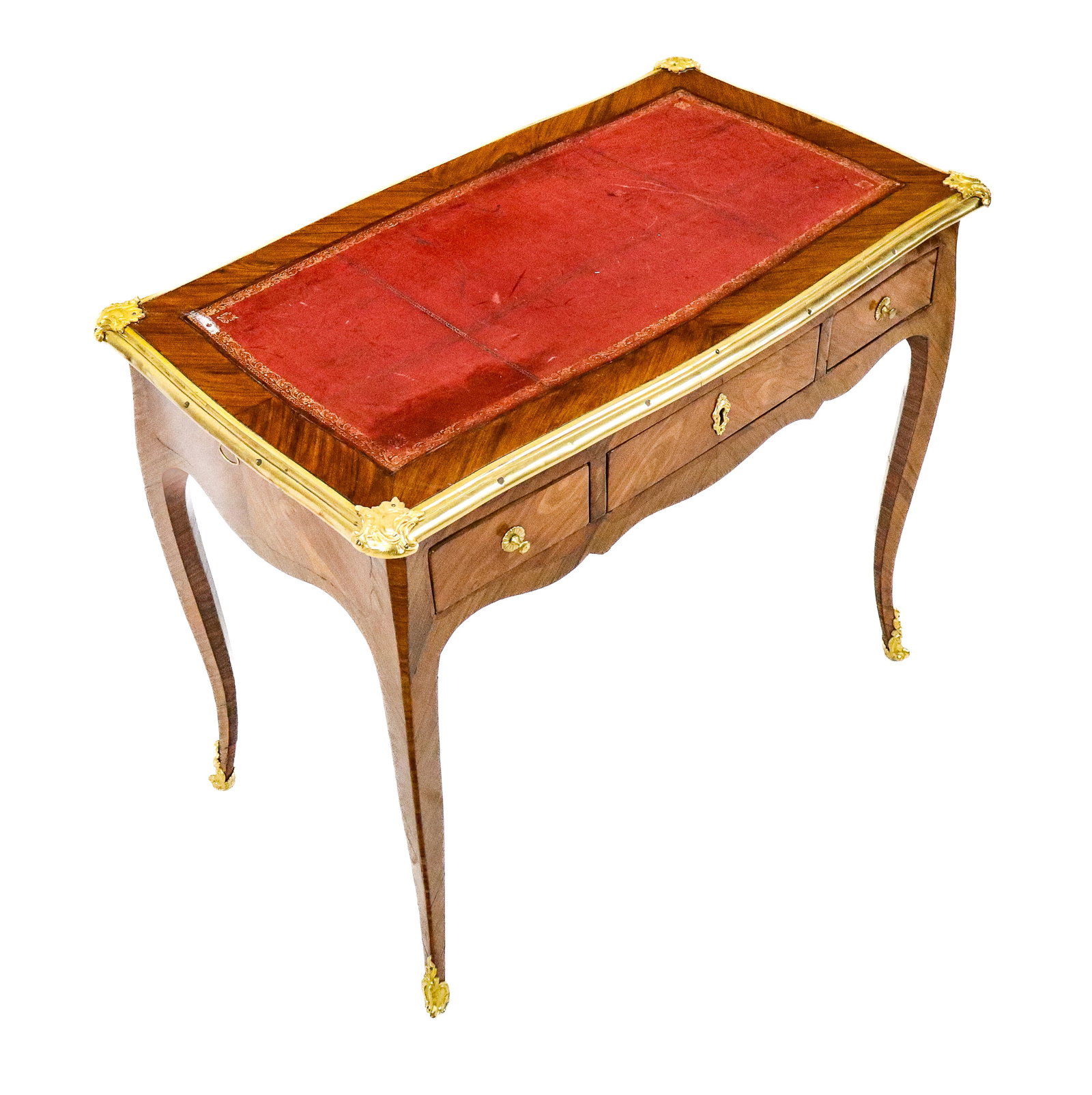 Antique French Ladies Desk: Antique French ladies desk with rouge gilt tooled leather inset on a gilt bronze mounted framed top, 3 drawers with oak interiors, sloping legs ending in gilt bronze feet. Mid 19th century. [27" H x 3