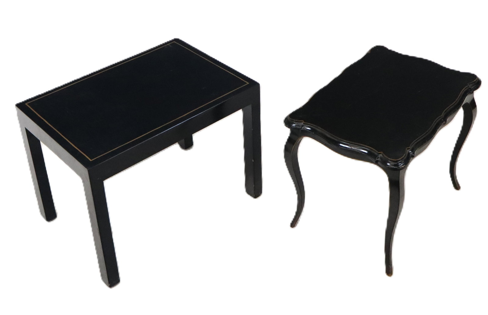 Black Painted Low Tables, 2: Two black painted low tables, both with gilt trim, one French shape with sloping legs, one modern straight. [16" H x 20 x 15"]. French has age scratches