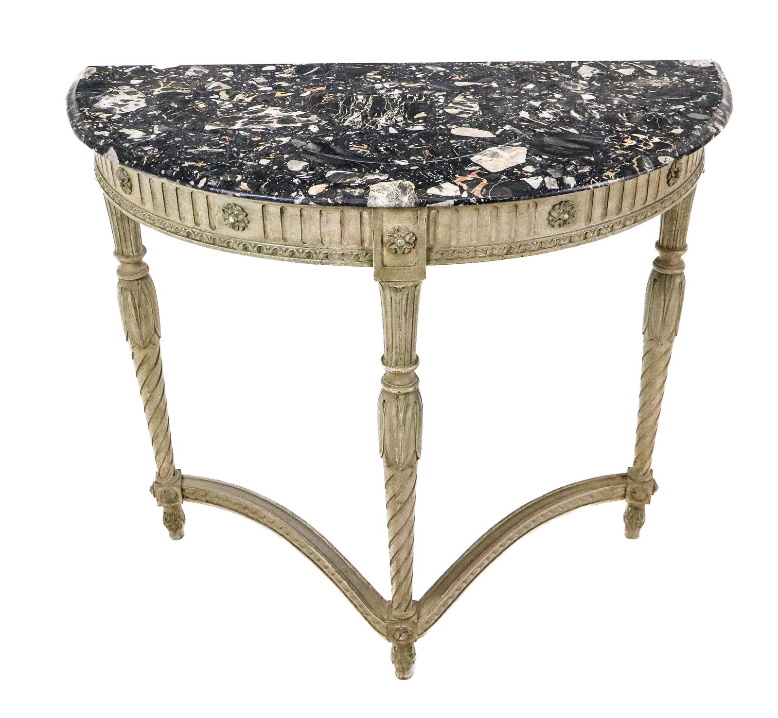 French/Swedish Demi Lune Console: French/Swedish demi lune marble top console with a gray beveled marble top over a gray painted carved console with fluted skirt and twist post legs and stretcher. [32" H x 36" x 17']. Very good and st