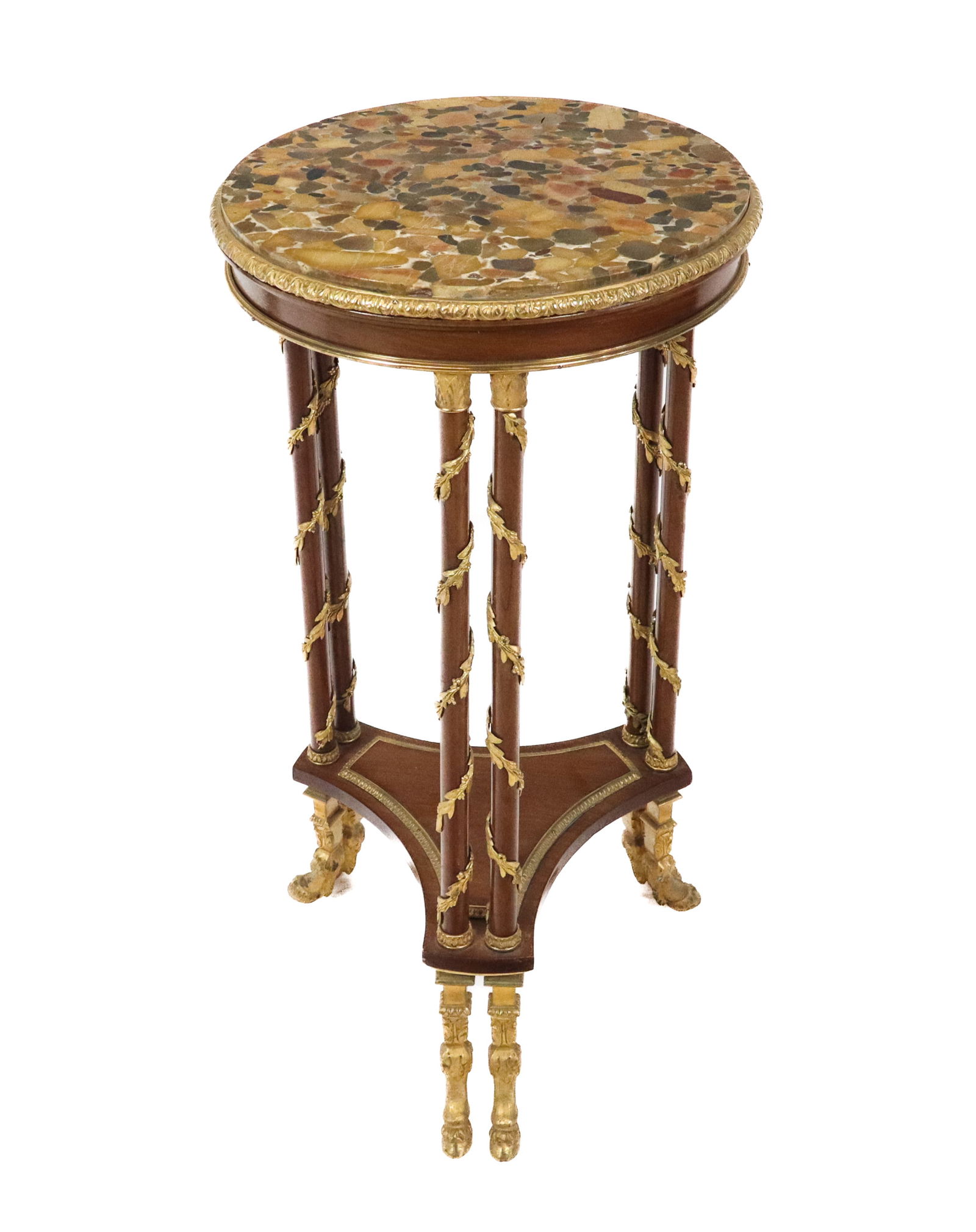 French Empire Bouillotte Stand: French Empire small round stand with an inset marble top above a mahogany and bronze mounted stand with 3 double columnar supports with bronze twisting vines, tripod with each leg being a gilt bronze