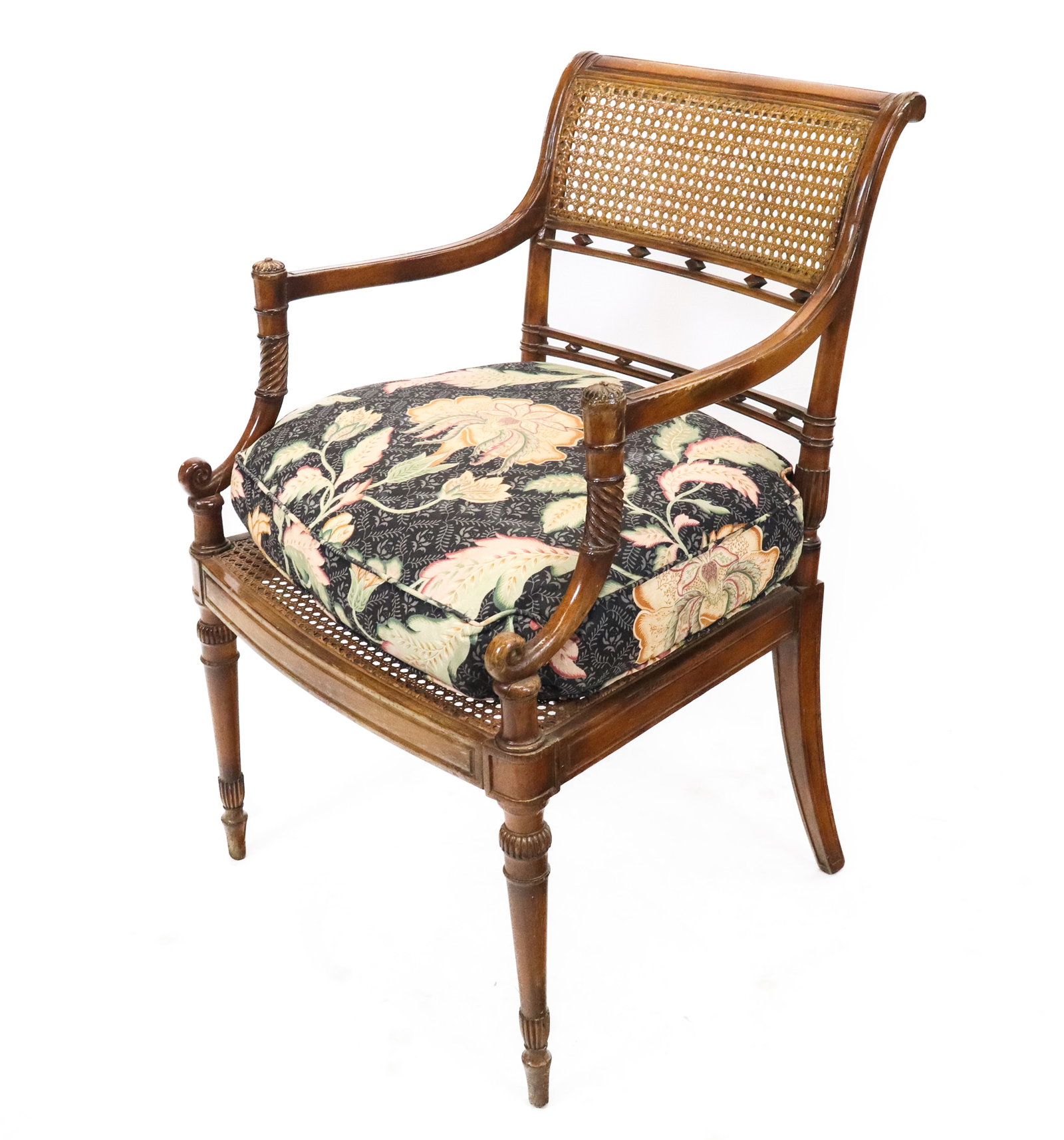 Regency Open Arm Chair: Regency open arm chair with down pad cushion on caned seat, cornucopia arms, caned back, 20th century. [36" H x 25" x 25"]. Good condition.