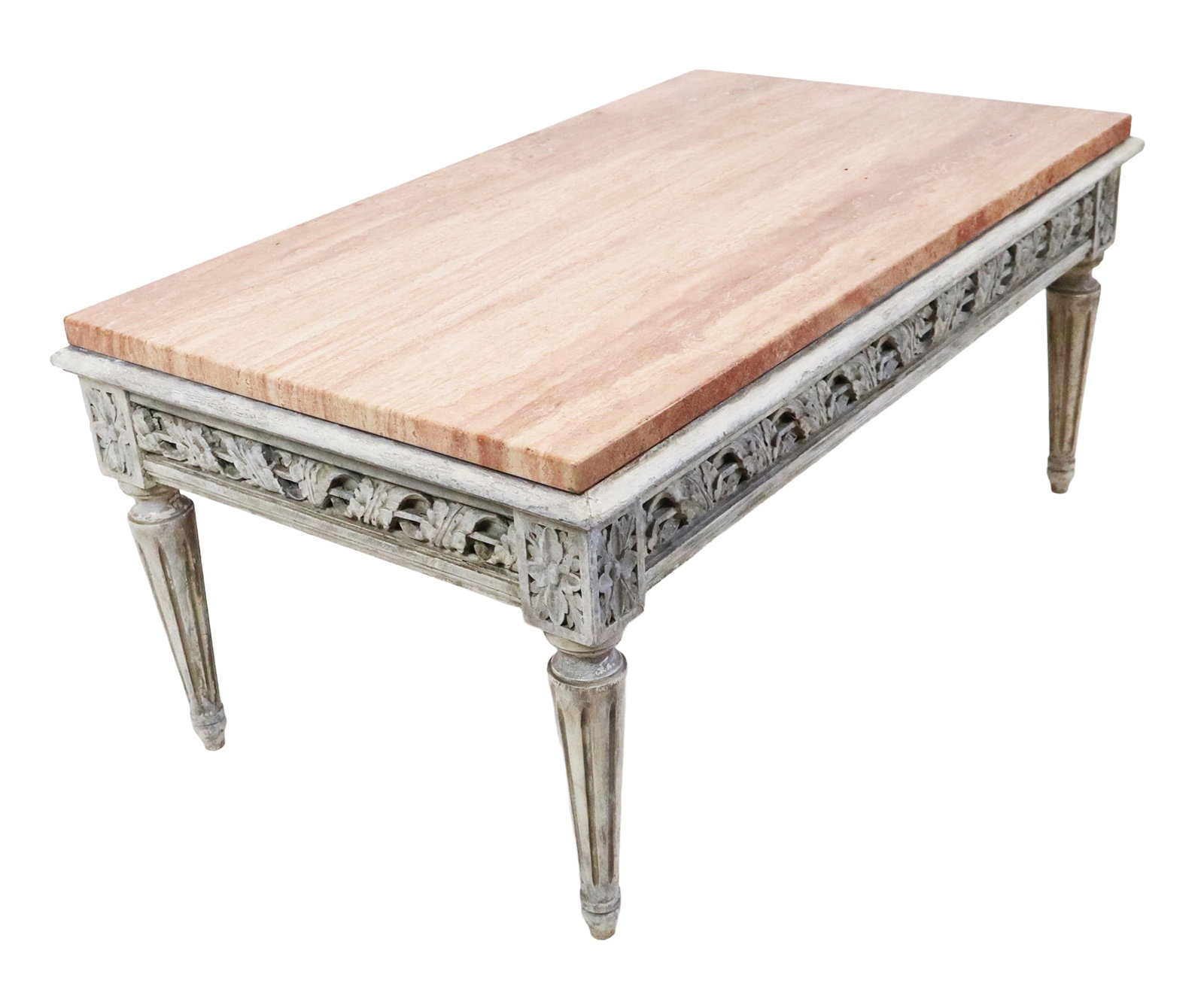 French Marble Top Cocktail Table: French rouge marble top cocktail table, with carved and gray painted base having fluted legs. [18" H x 40" x 24"] Good condition.