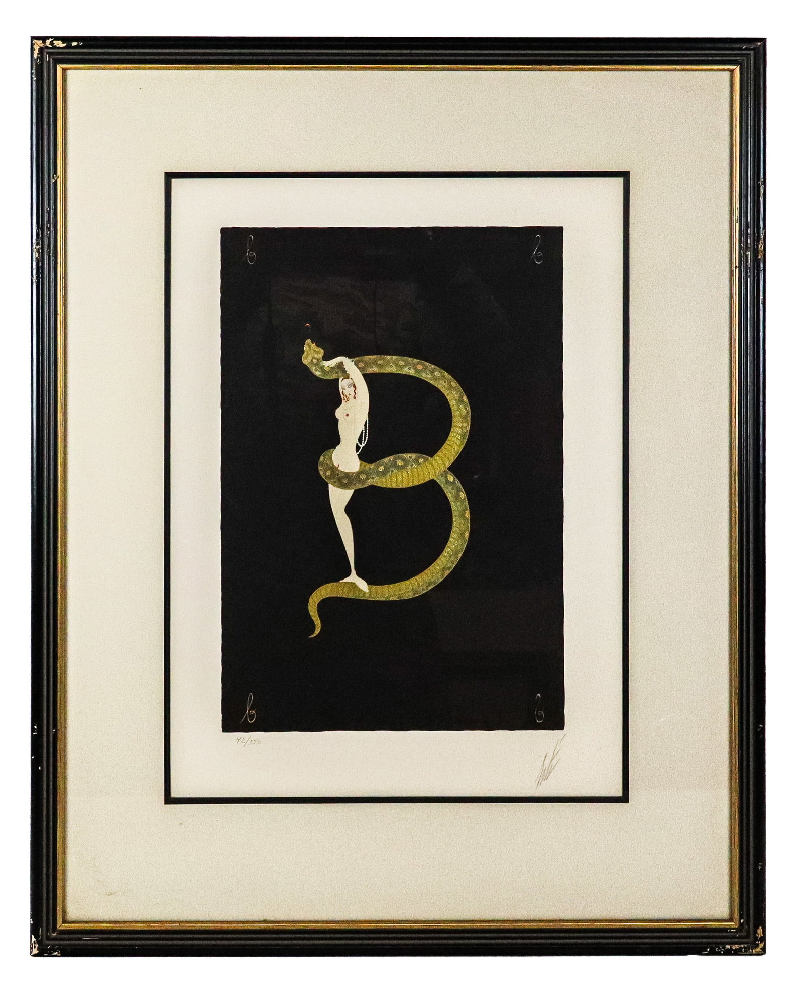 Erte Alphabet Suite "B" Lithograph: Erte (Russian/French, 1892-1990) lithograph "B" from the Alphabet Suite, on Arches paper, marked edition 42/350, and pencil signed Erte to lower right, stamped Arches below mat, in a frame. [Framed: 2