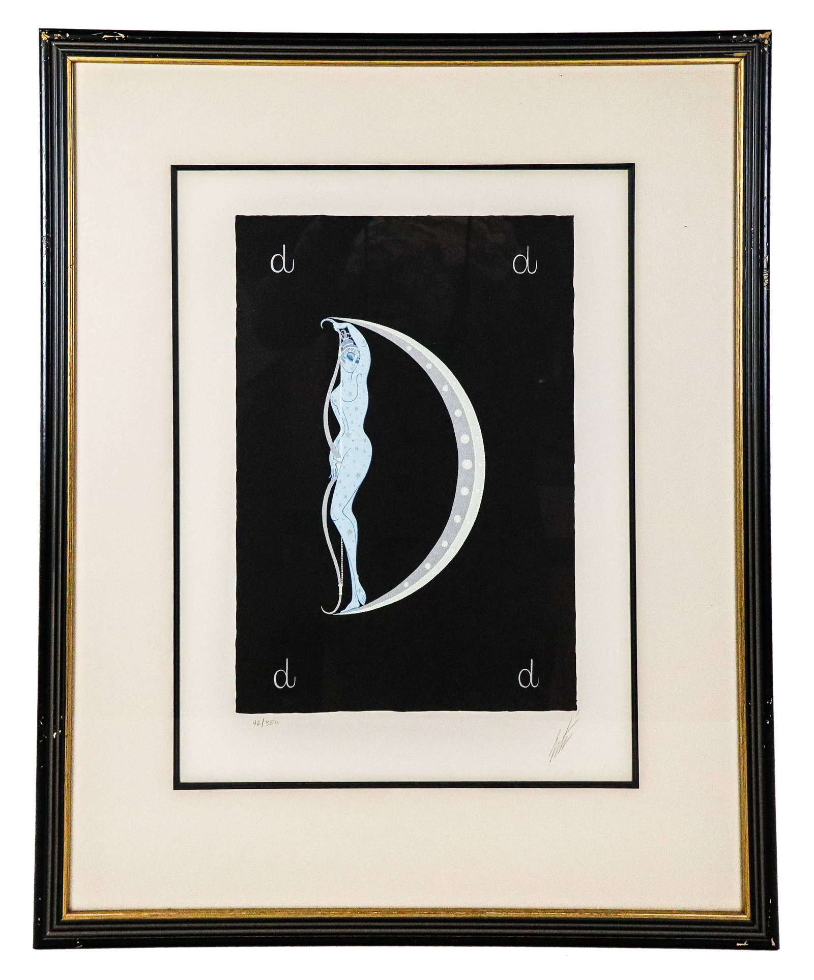 Erte Alphabet Suite "D" Lithograph: Erte (Russian/French, 1892-1990) lithograph "D" from the Alphabet Suite, on Arches paper, marked edition 42/350, and pencil signed Erte to lower right, stamped Arches below mat, in a frame. [Framed: 2