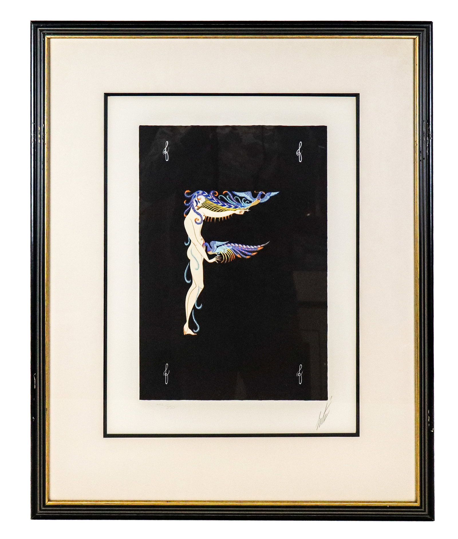 Erte Alphabet Suite "F" Lithograph: Erte (Russian/French, 1892-1990) lithograph "F" from the Alphabet Suite, marked edition 42/350, and pencil signed Erte to lower right, in a frame. [Framed: 29" H x 23" W; sight: 19 H x 14 "W]. Conditi