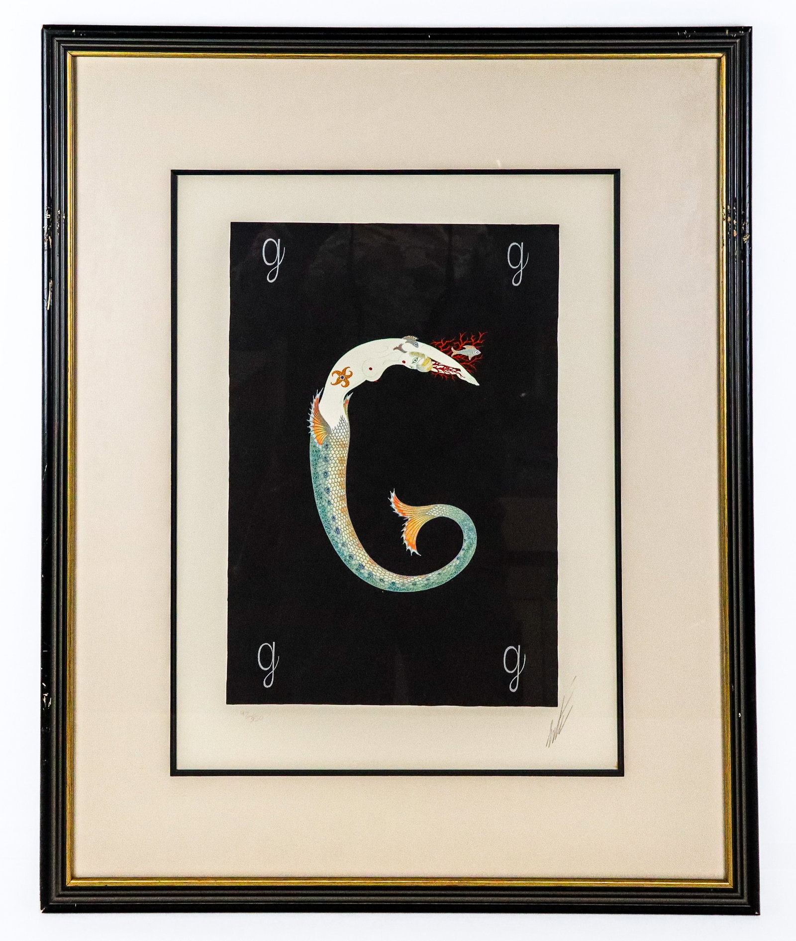 Erte Alphabet Suite "G" Lithograph: Erte (Russian/French, 1892-1990) lithograph "G" from the Alphabet Suite, on Arches paper, marked edition 42/350, and pencil signed Erte to lower right, stamped Arches below mat, in a frame. [Framed: 2