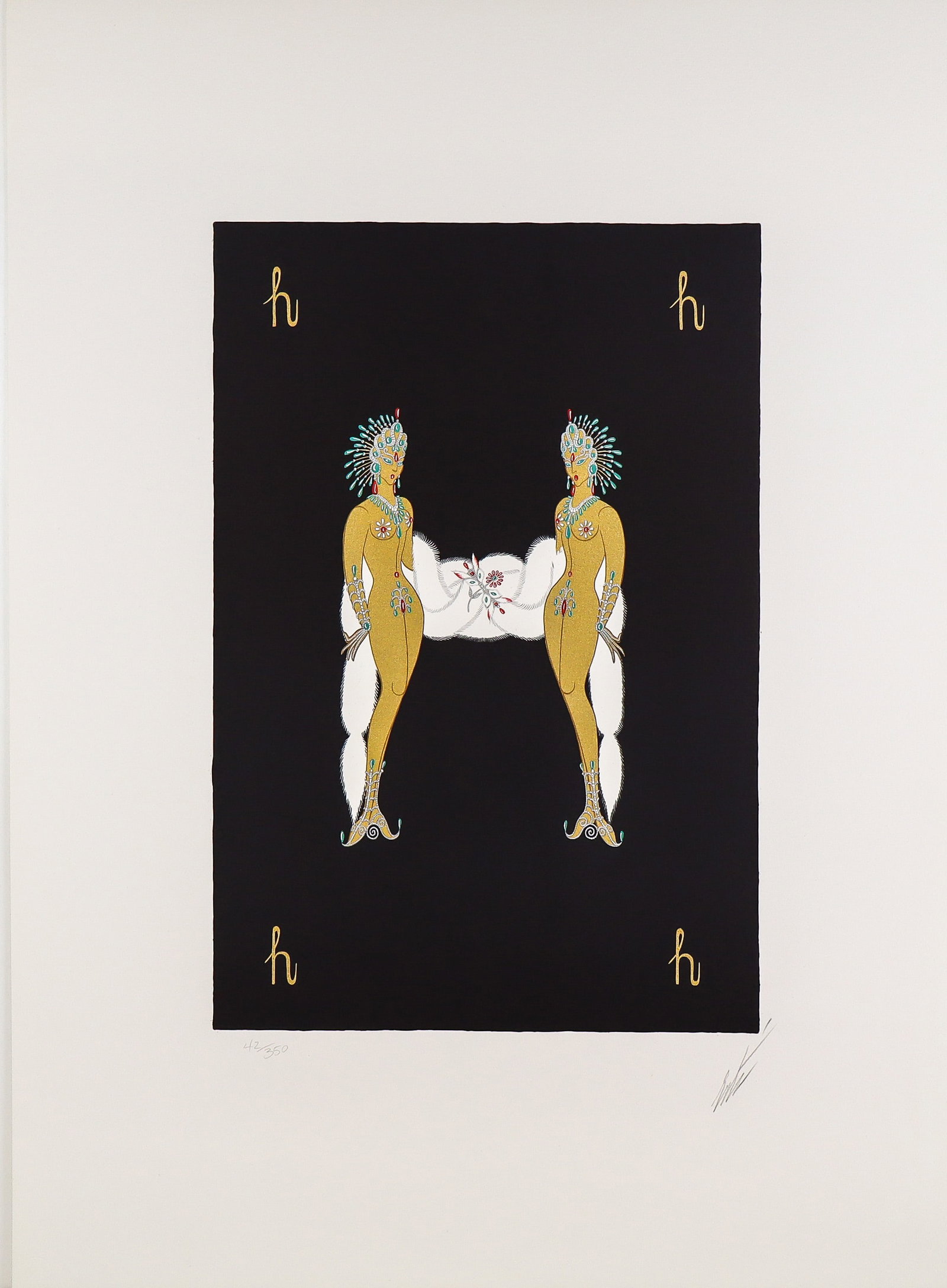 Erte Alphabet Suite "H" Lithograph: Erte (Russian/French, 1892-1990) lithograph "H" from the Alphabet Suite, on Arches Paper, marked edition 42/350, and pencil signed Erte to lower right, with a blind stamp to lower left, stamped Arches