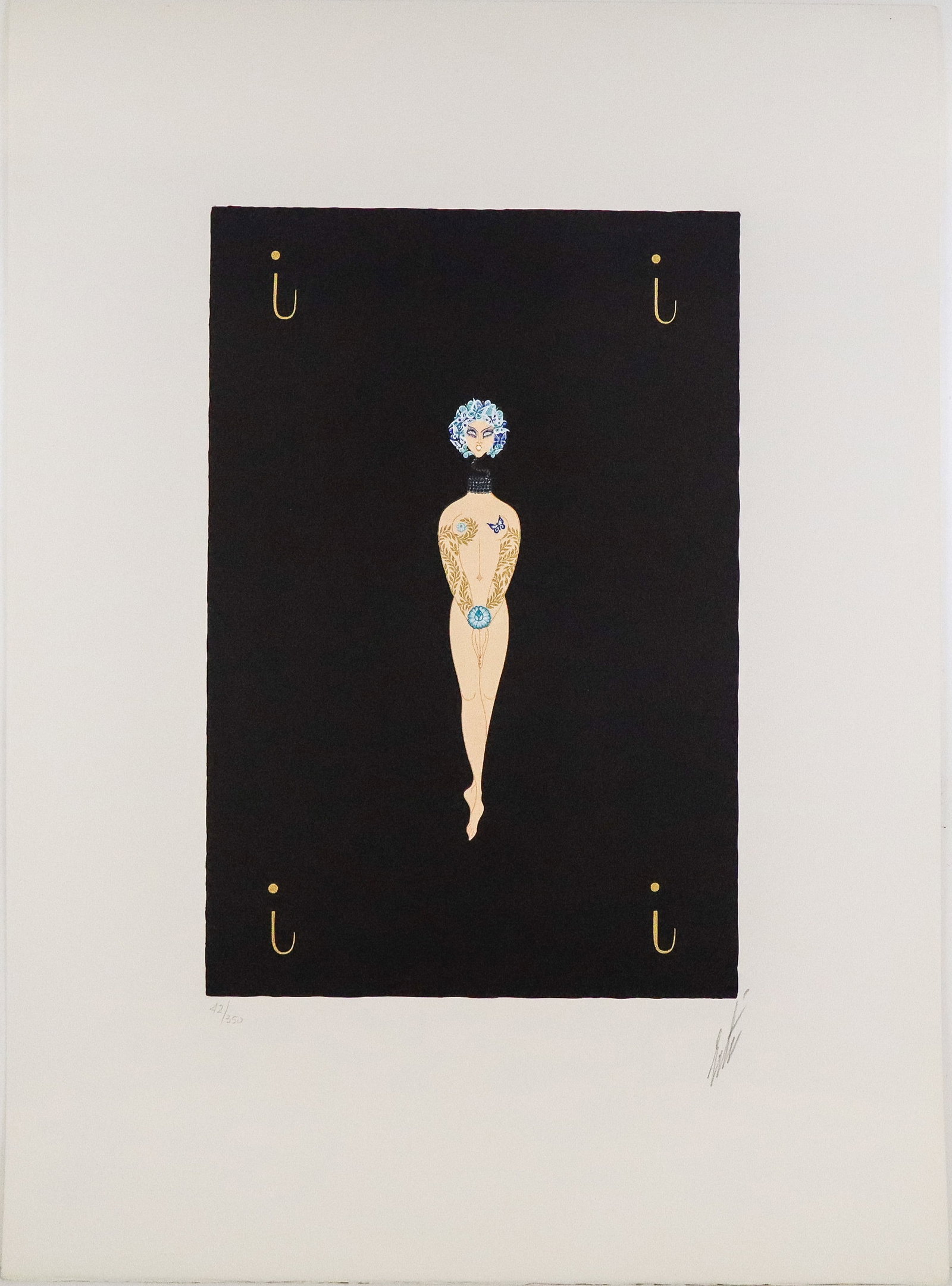 Erte Alphabet Suite "I" Lithograph: Erte (Russian/French, 1892-1990) lithograph "I" from the Alphabet Suite, on Arches Paper, marked edition 42/350, and pencil signed Erte to lower right, with a blind stamp to lower left, stamped Arches