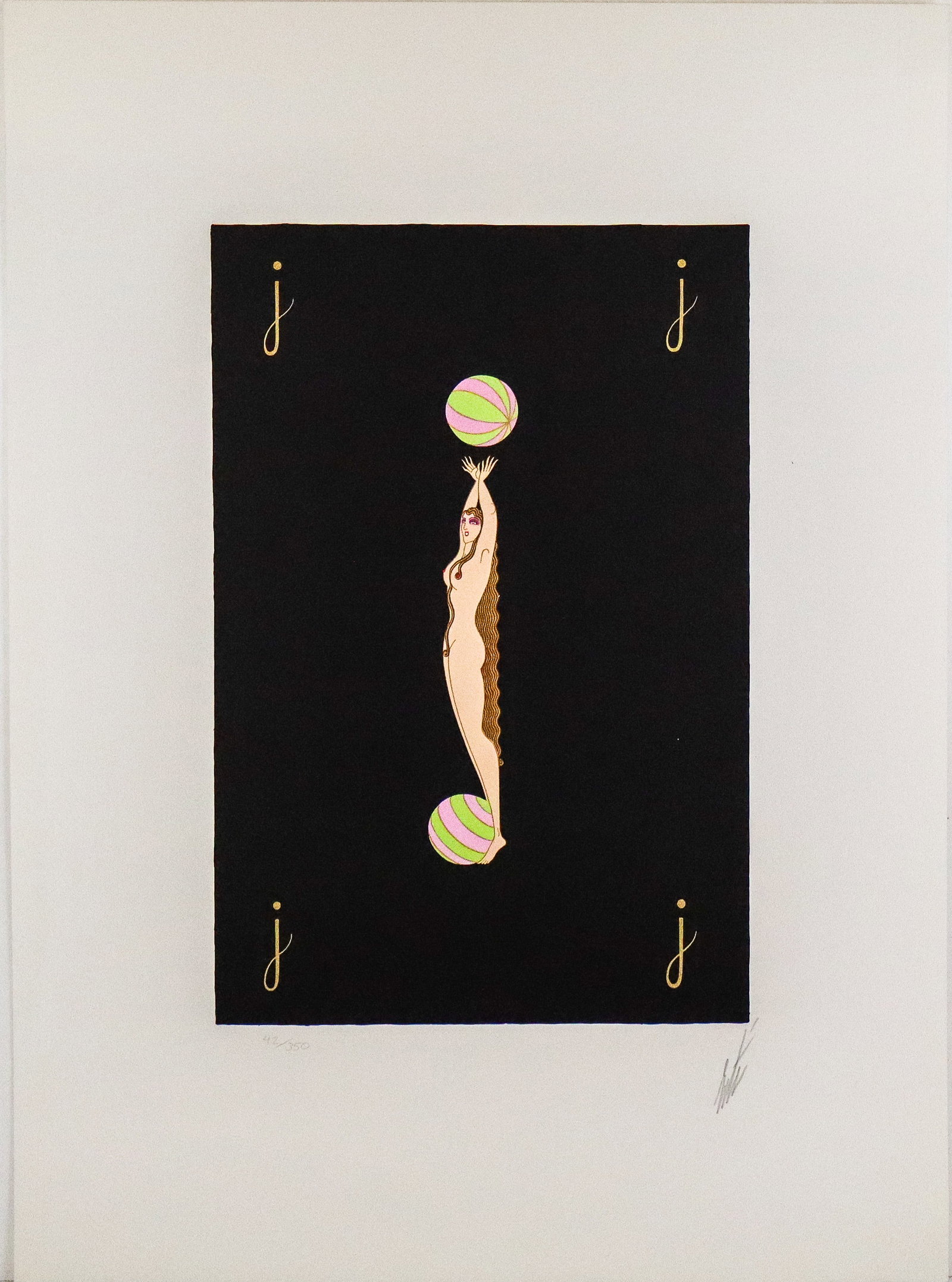 Erte Alphabet Suite "J" Lithograph: Erte (Russian/French, 1892-1990) lithograph "J" from the Alphabet Suite, on Arches Paper, marked edition 42/350, and pencil signed Erte to lower right, with a blind stamp to lower left, stamped Arches