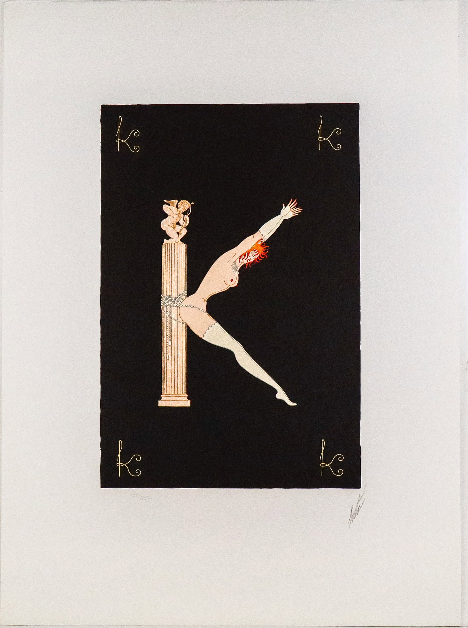 Erte Alphabet Suite "K" Lithograph: Erte (Russian/French, 1892-1990) lithograph "K" from the Alphabet Suite, on Arches Paper, marked edition 42/350, and pencil signed Erte to lower right, with a blind stamp to lower left, stamped Arches