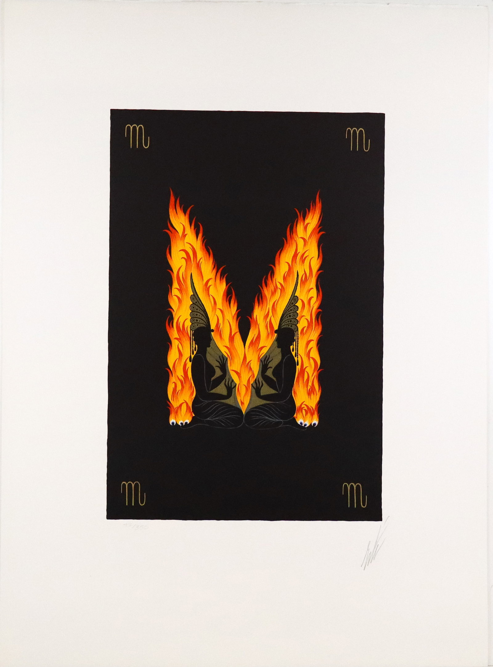 Erte Alphabet Suite "M" Lithograph: Erte (Russian/French, 1892-1990) lithograph "M" from the Alphabet Suite, on Arches Paper, marked edition 42/350, and pencil signed Erte to lower right, with a blind stamp to lower left, stamped Arches