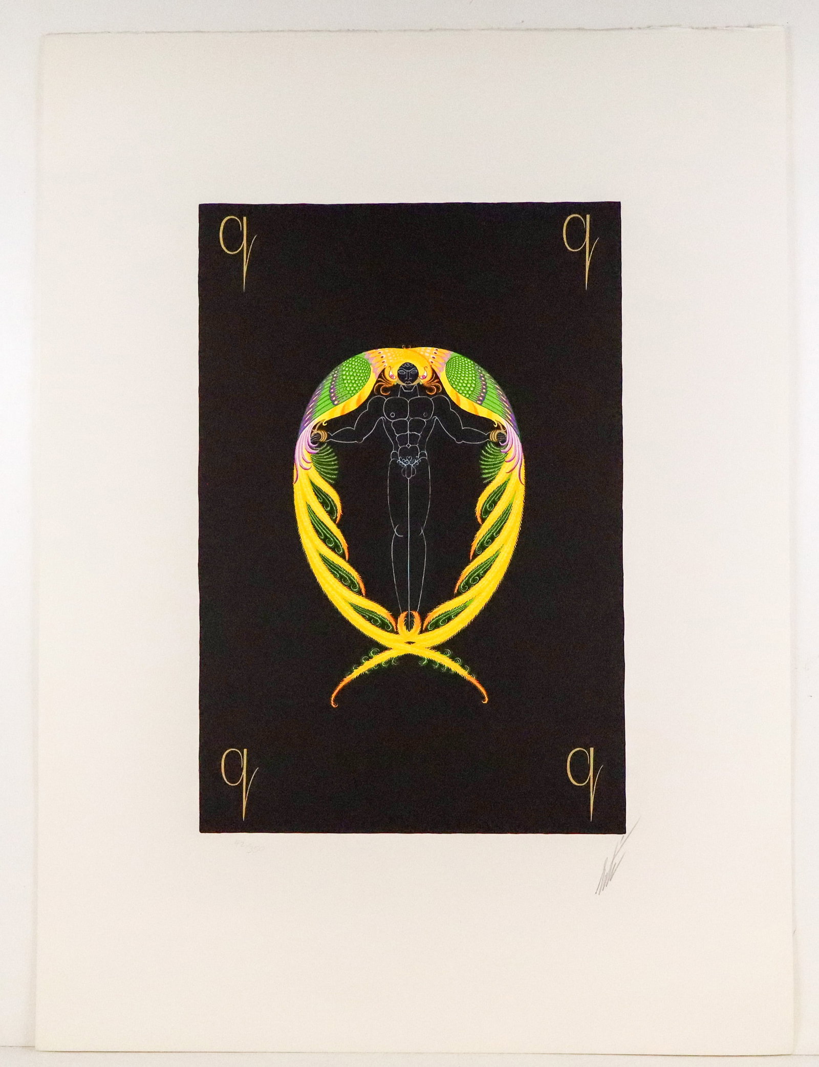 Erte Alphabet Suite "Q" Lithograph: Erte (Russian/French, 1892-1990) lithograph "Q" from the Alphabet Suite, on Arches Paper, marked edition 42/350, and pencil signed Erte to lower right, with a blind stamp to lower left, stamped Arches