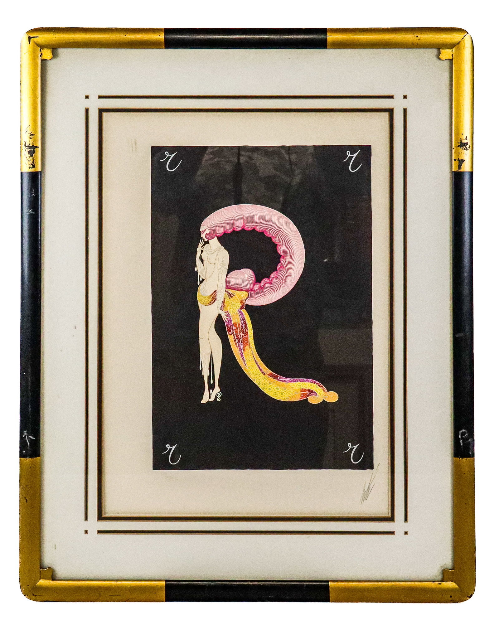 Erte Alphabet Suite "R" Lithograph: Erte (Russian/French, 1892-1990) lithograph "R" from the Alphabet Suite, on Arches paper, marked edition 42/350, and pencil signed Erte to lower right, stamped Arches below mat, in a frame. [Framed: 2