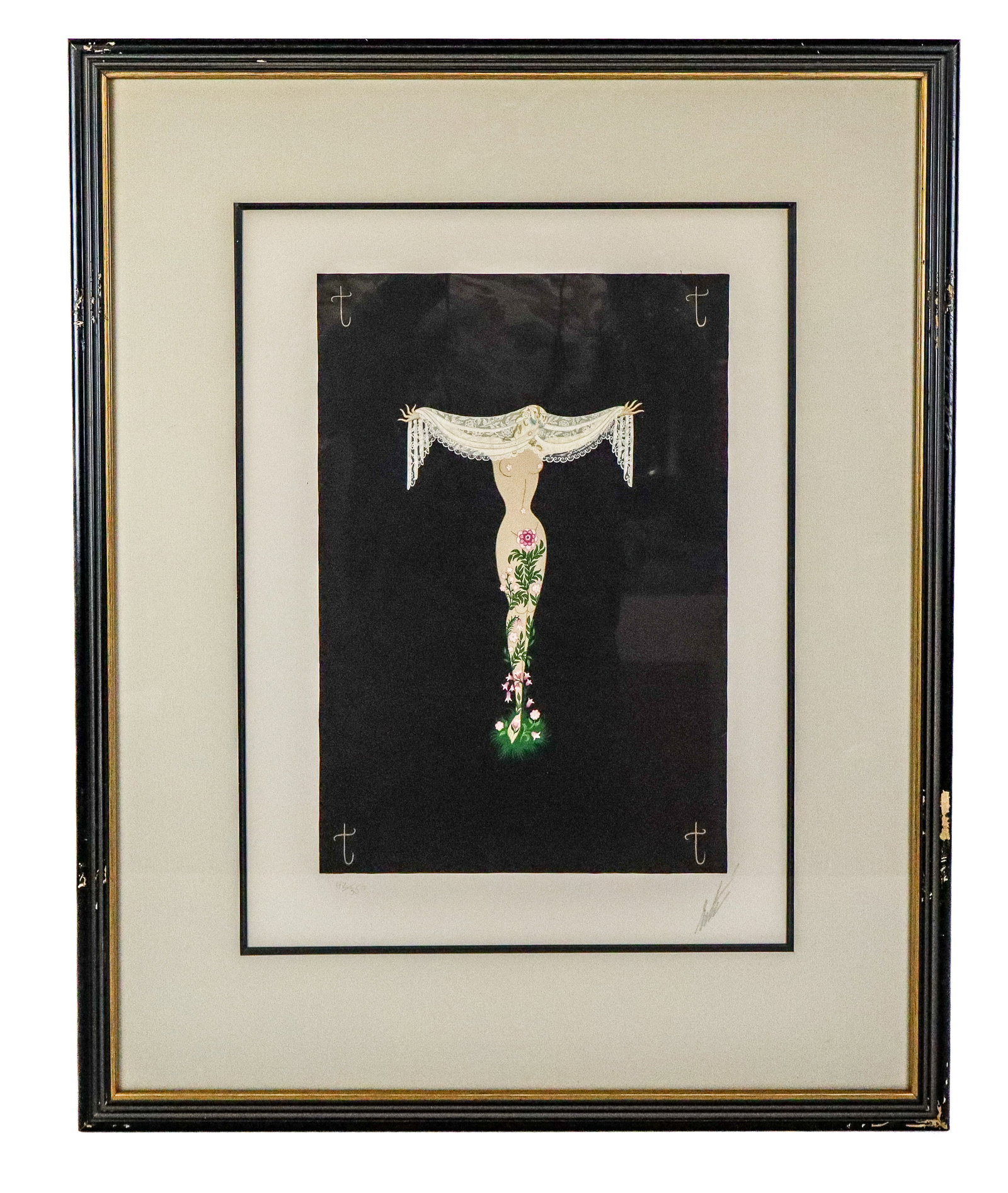 Erte Alphabet Suite "T" Lithograph: Erte (Russian/French, 1892-1990) lithograph "T" from the Alphabet Suite, on Arches paper, marked edition 42/350, and pencil signed Erte to lower right, stamped Arches below mat, in a frame. [Framed: 2