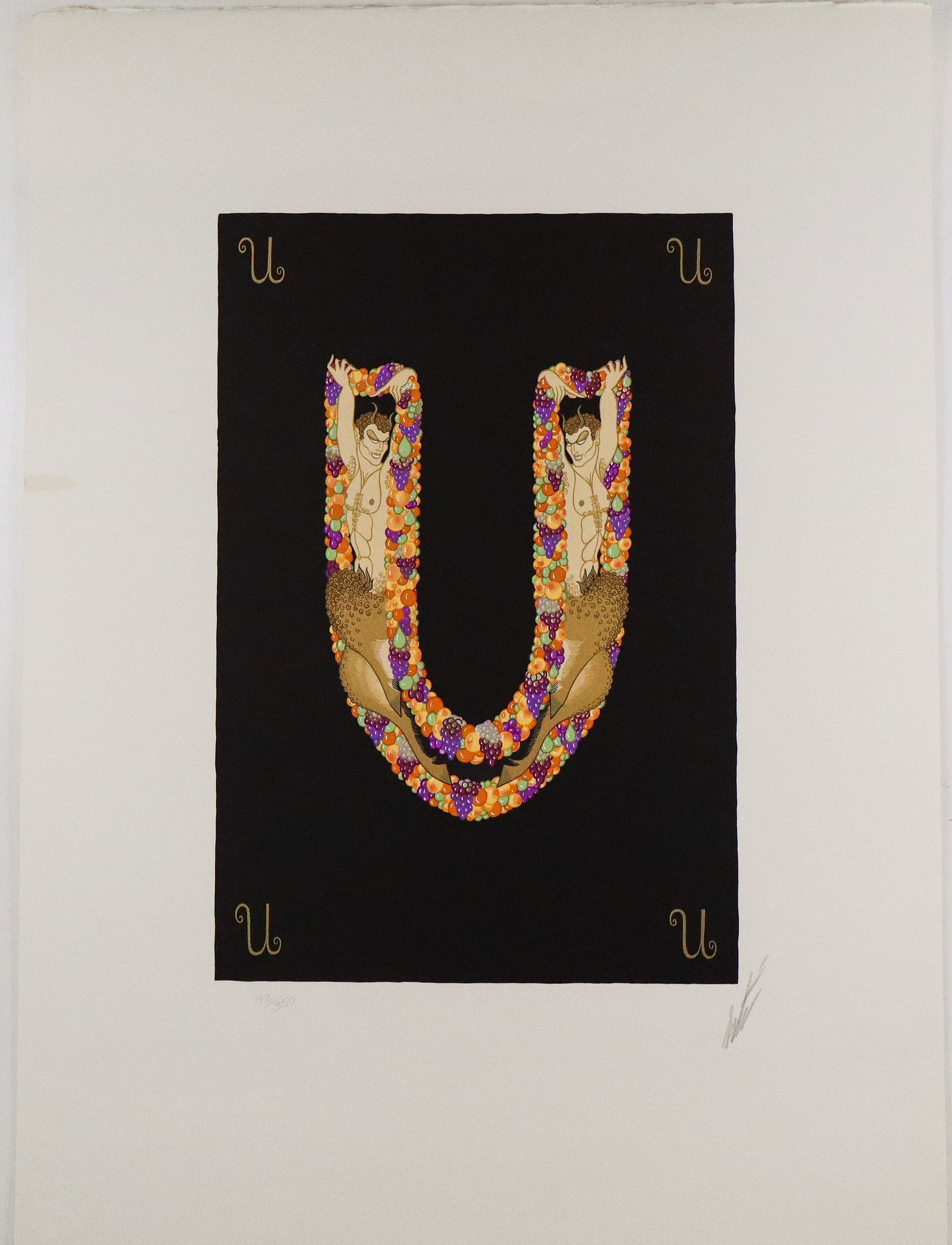 Erte Alphabet Suite "U" Lithograph: Erte (Russian/French, 1892-1990) lithograph "U" from the Alphabet Suite, on Arches Paper, marked edition 42/350, and pencil signed Erte to lower right, with a blind stamp to lower left, stamped Arches