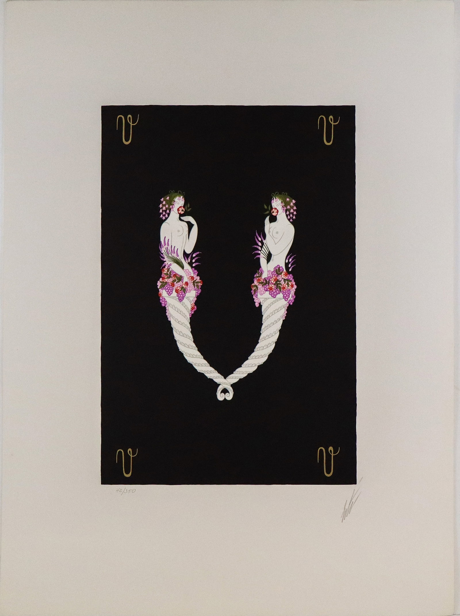 Erte Alphabet Suite "V" Lithograph: Erte (Russian/French, 1892-1990) lithograph "V" from the Alphabet Suite, on Arches Paper, marked edition 42/350, and pencil signed Erte to lower right, with a blind stamp to lower left, stamped Arches
