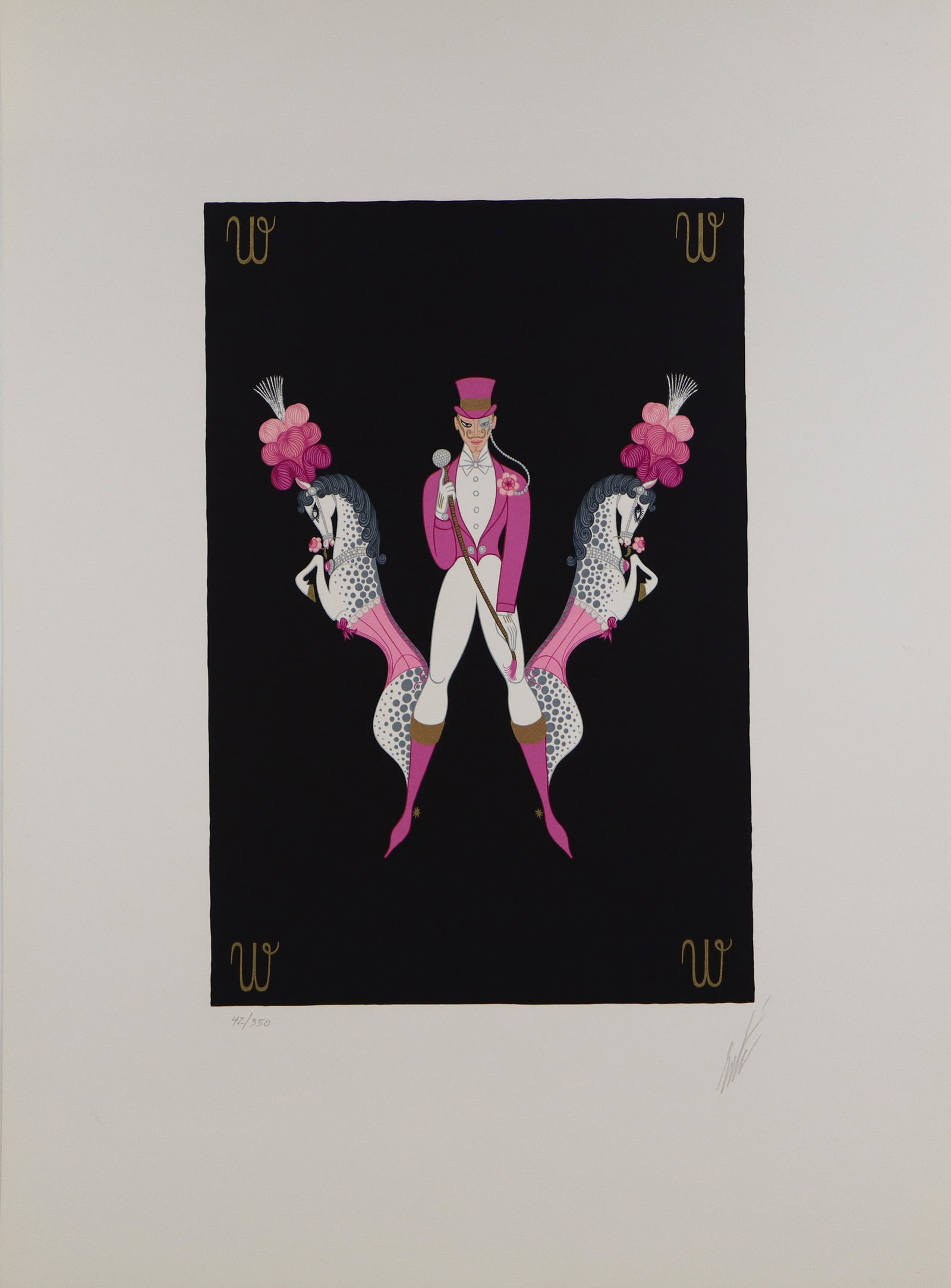 Erte Alphabet Suite "W" Lithograph: Erte (Russian/French, 1892-1990) lithograph "W" from the Alphabet Suite, on Arches Paper, marked edition 42/350, and pencil signed Erte to lower right, with a blind stamp to lower left, stamped Arches