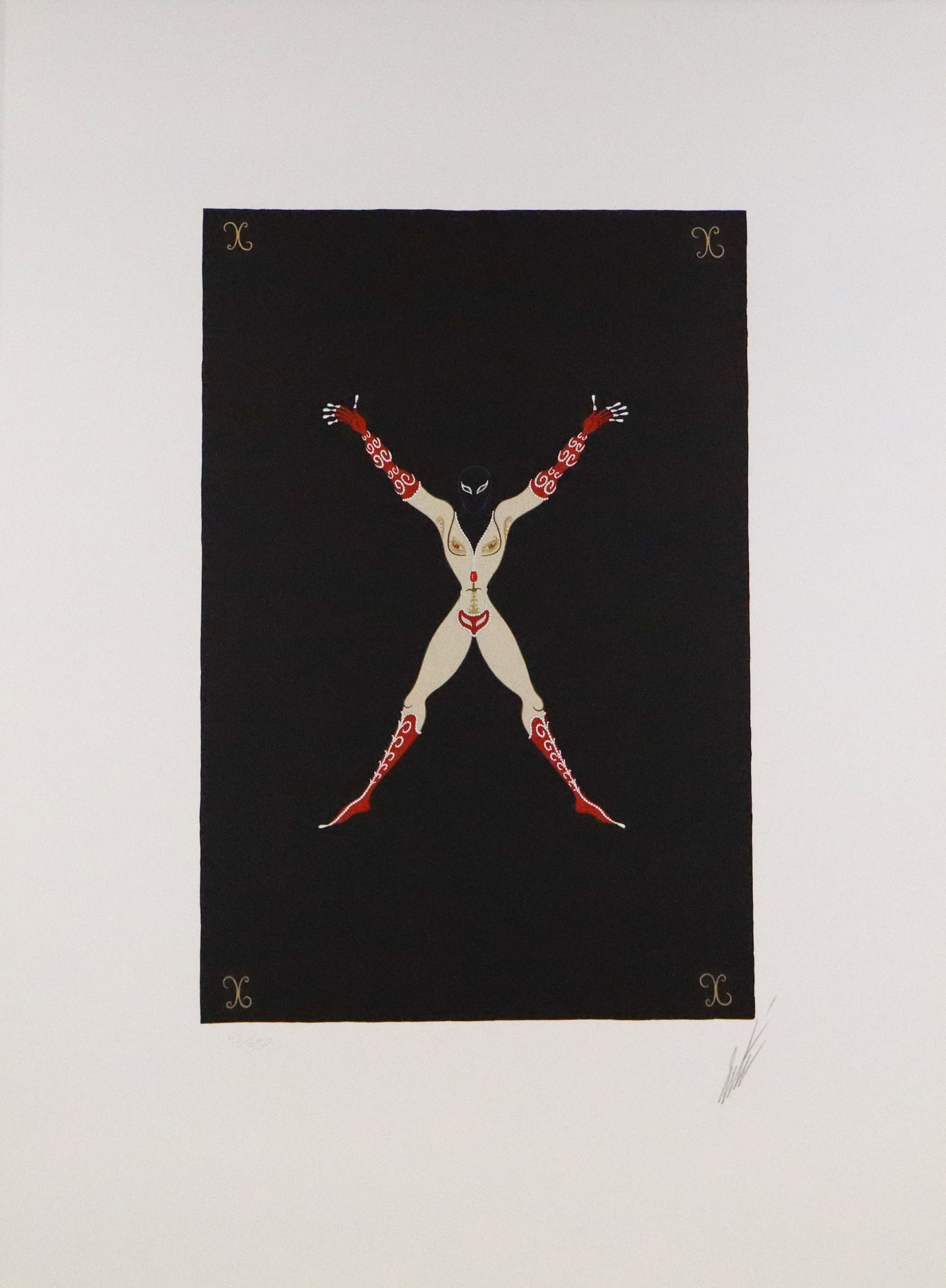 Erte Alphabet Suite "X" Lithograph: Erte (Russian/French, 1892-1990) lithograph "X" from the Alphabet Suite, on Arches Paper, marked edition 42/350, and pencil signed Erte to lower right, with a blind stamp to lower left, stamped Arches