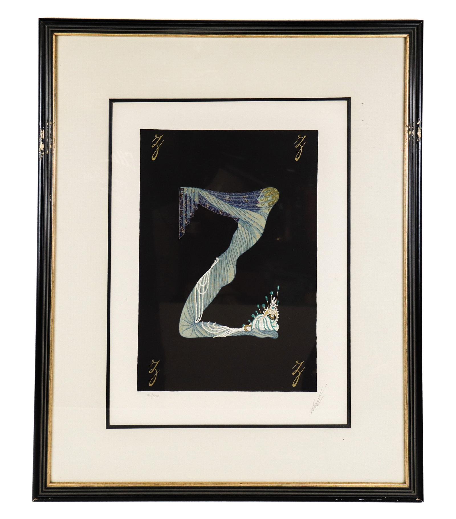 Erte Alphabet Suite "Z" Lithograph: Erte (Russian/French, 1892-1990) lithograph "Z" from the Alphabet Suite, on Arches paper, marked edition 42/350, and pencil signed Erte to lower right, stamped Arches below mat, in a frame. [Framed: 2
