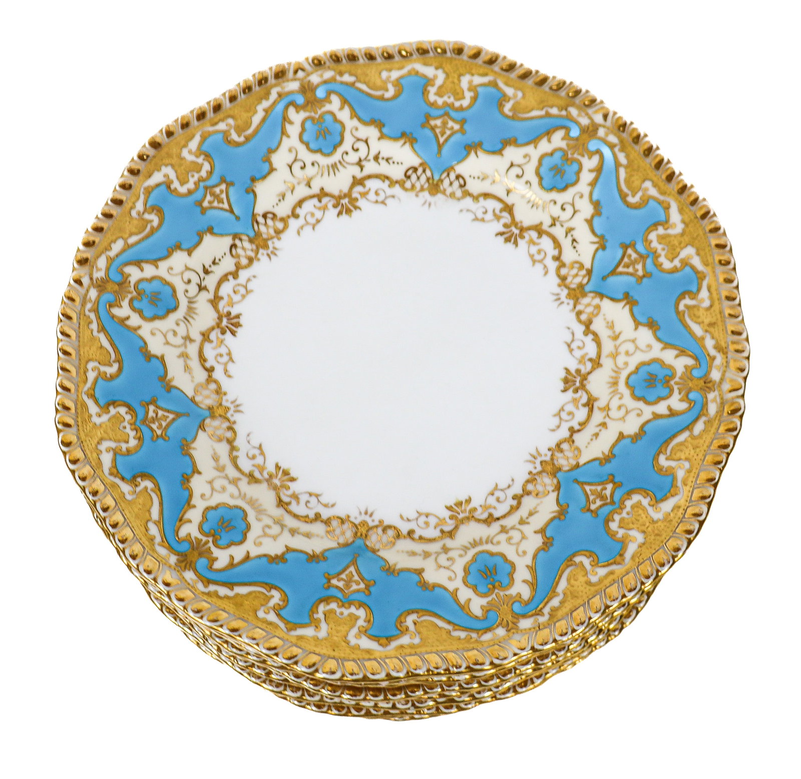 Coalport Turquoise & Gilt Dinner Plates, 12: Coalport set of 12 porcelain gilt and turquoise decorated dinner plates, English, the white centers enclosed in a wide border with cream ground, turquoise and gold decoration, marks to base. [10.5" Di