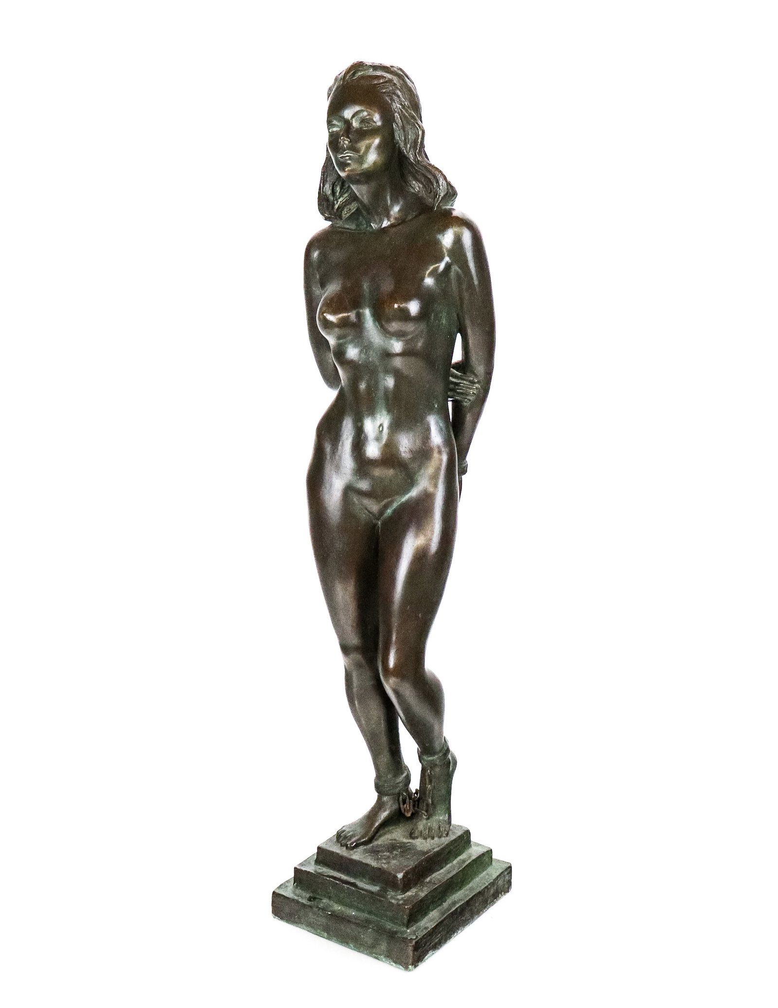 Robert Clay MONROE Bronze Sculpture of a Female Sl: Robert Clay Monroe (20th/21st Century) bronze figure of a naked woman slave, her hands and feet both shackled with loose chain, resting on a stepped plinth, signed on the back "Robert Clay Monroe. [26