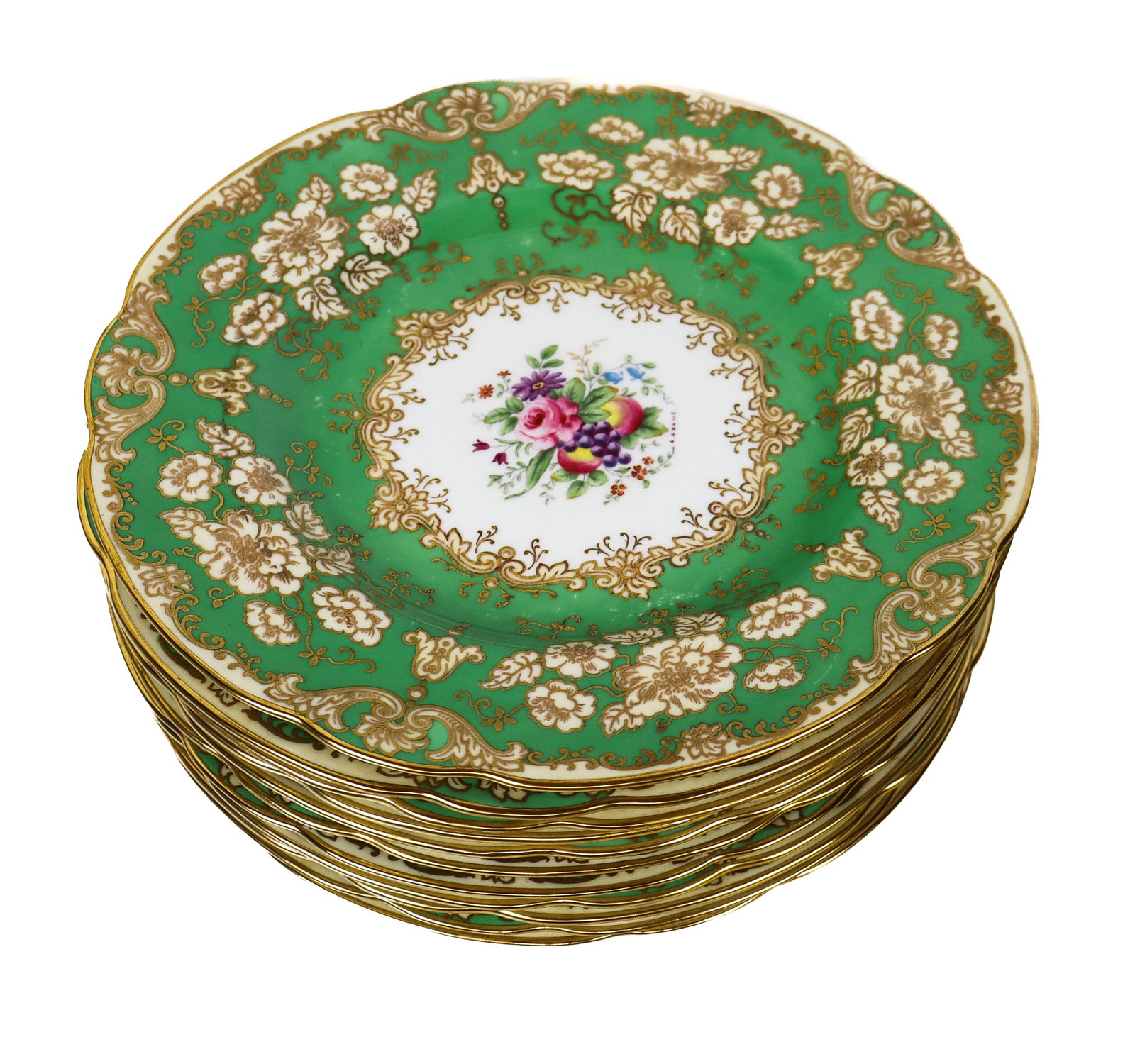 Wedgwood Floral Decorated Service Plates, 11: Wedgwood set of 12 green and gilt bordered service plates with hand painted spring flower centers signed L. Adams, English, last quarter of the 19th century, marks to reverse. [10.75" Diameter]. Overa
