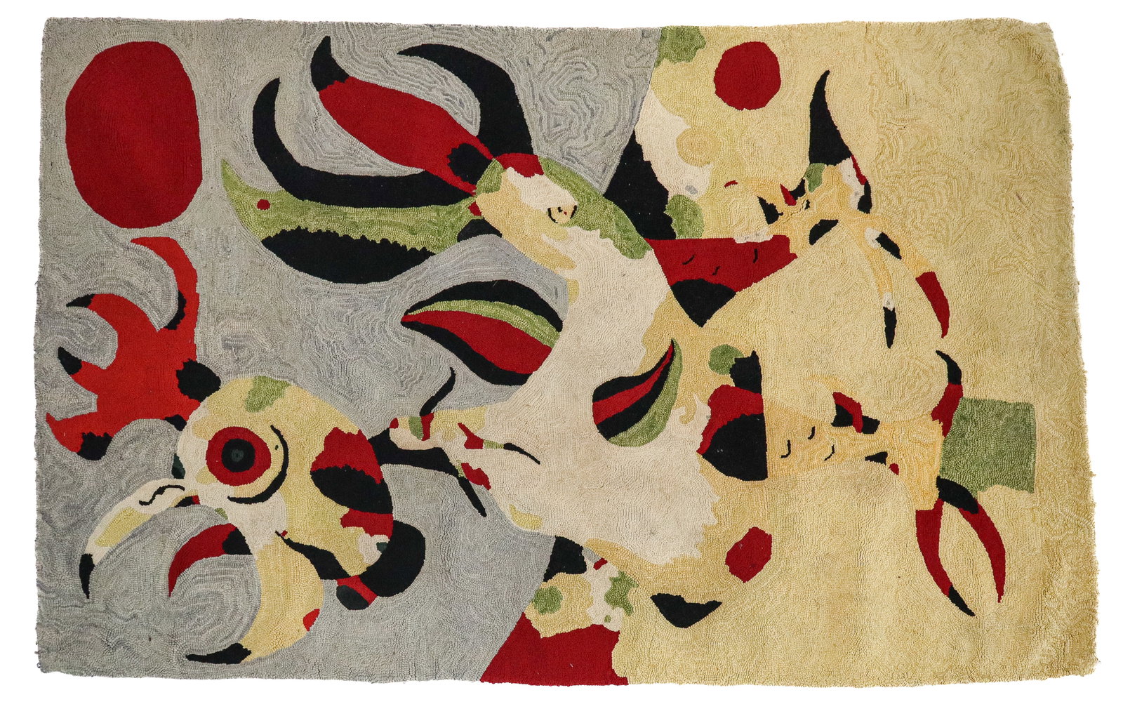 Hook Rug Abstract Art Rug: Hook rug depicting an abstract work of art in red, green, yellow and black resembling a cow and/or a toucan. Faint signature on back corner, illegible. In the manner of Calder. [3'10" x 6']. Good cond
