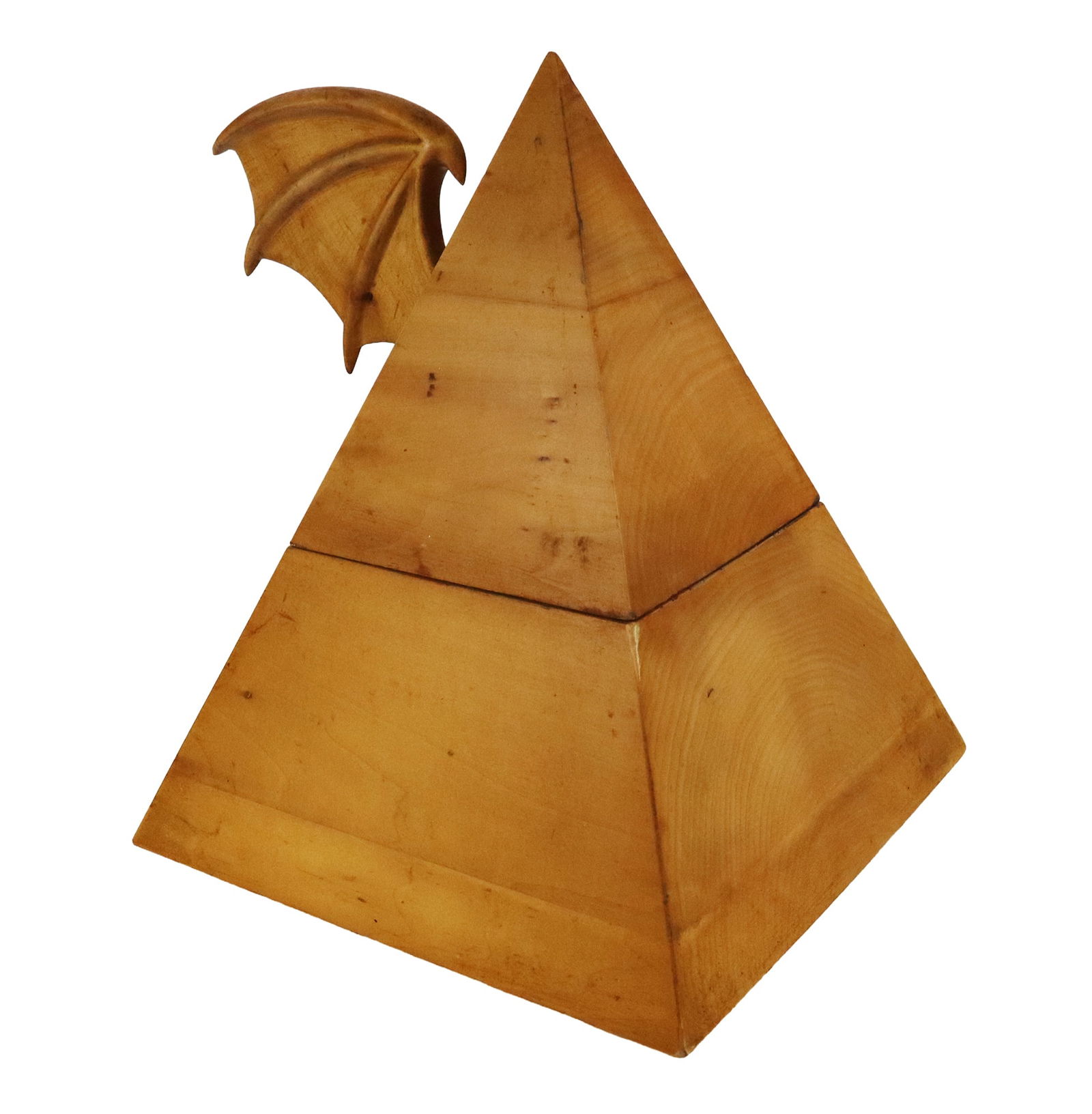 Alfonso BINI Whimsical Wood Ice Bucket: Alfonso Bini (Italian, Died 1985) carved wood winged pyramid shaped ice bucket, the lid removable to reveal a well with molded plastic liner for ice, marked on base "Bini Made in Italy" [15" H x 11.25