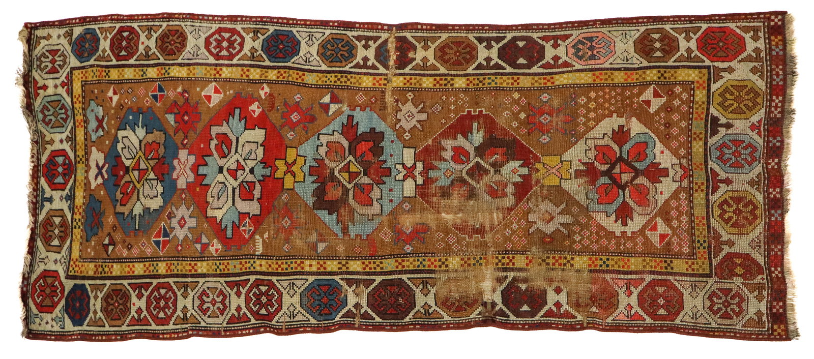 Oriental Caucasian Rug: Caucasian rug with 5 geometric medallions and tan field ad large main border. [3'5" x 7'2"].Thread bare in many areas, resewn salvage and missing border.