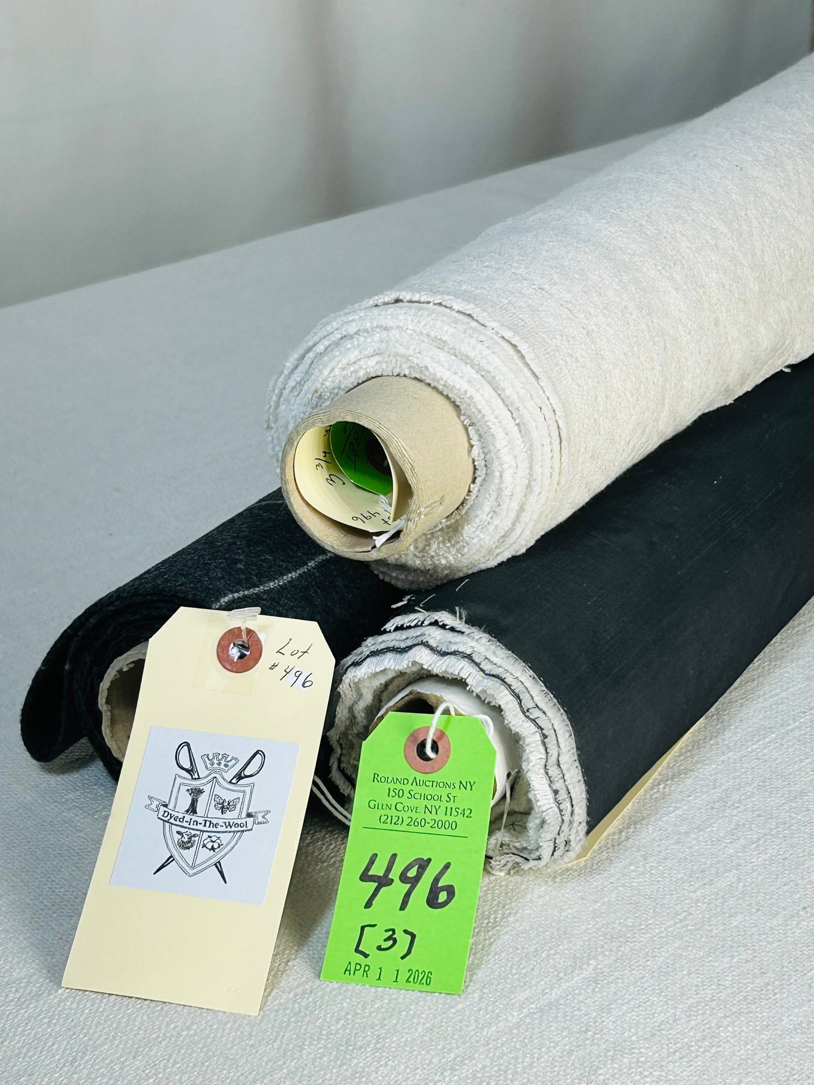 Fret Chevron, H. & Sherry Plaid And Lt. Grey Silk: 1) 3 3/4 yards of Fret Fabrics' "Caribe Stripe", # 82-1 in Bone, a linen-blended multi-purpose vertical Italian chevron, 50" width. In great condition. 2) 4 1/2 yards of Holland & Sherry's worsted woo