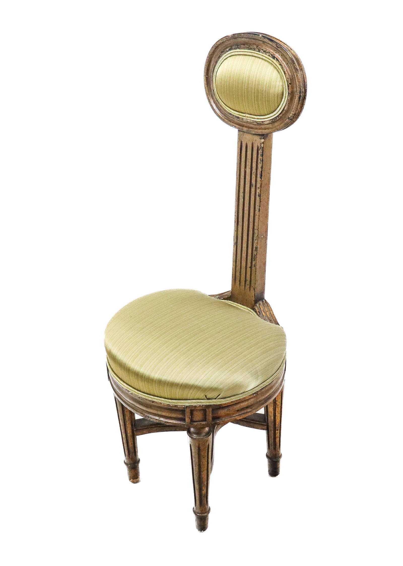 Louis XVI Music/Vanity Chair: Louis XVI Music/Vanity Chair with an upper upholstered oval panel on a straight thin back over a pad upholstered seat, with straight fluted legs and stretcher. [36" x 15" diameter]