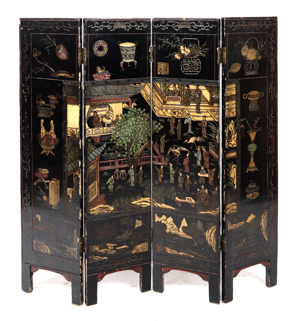 Chinoiserie Low Four Panel Screen: Chinoiserie low four panel screen, 19th century, with carved landscape to one side and city scene to other, with a decorative border. [Each panel: 39" H x 10" W]. Condition is good with surface wear a