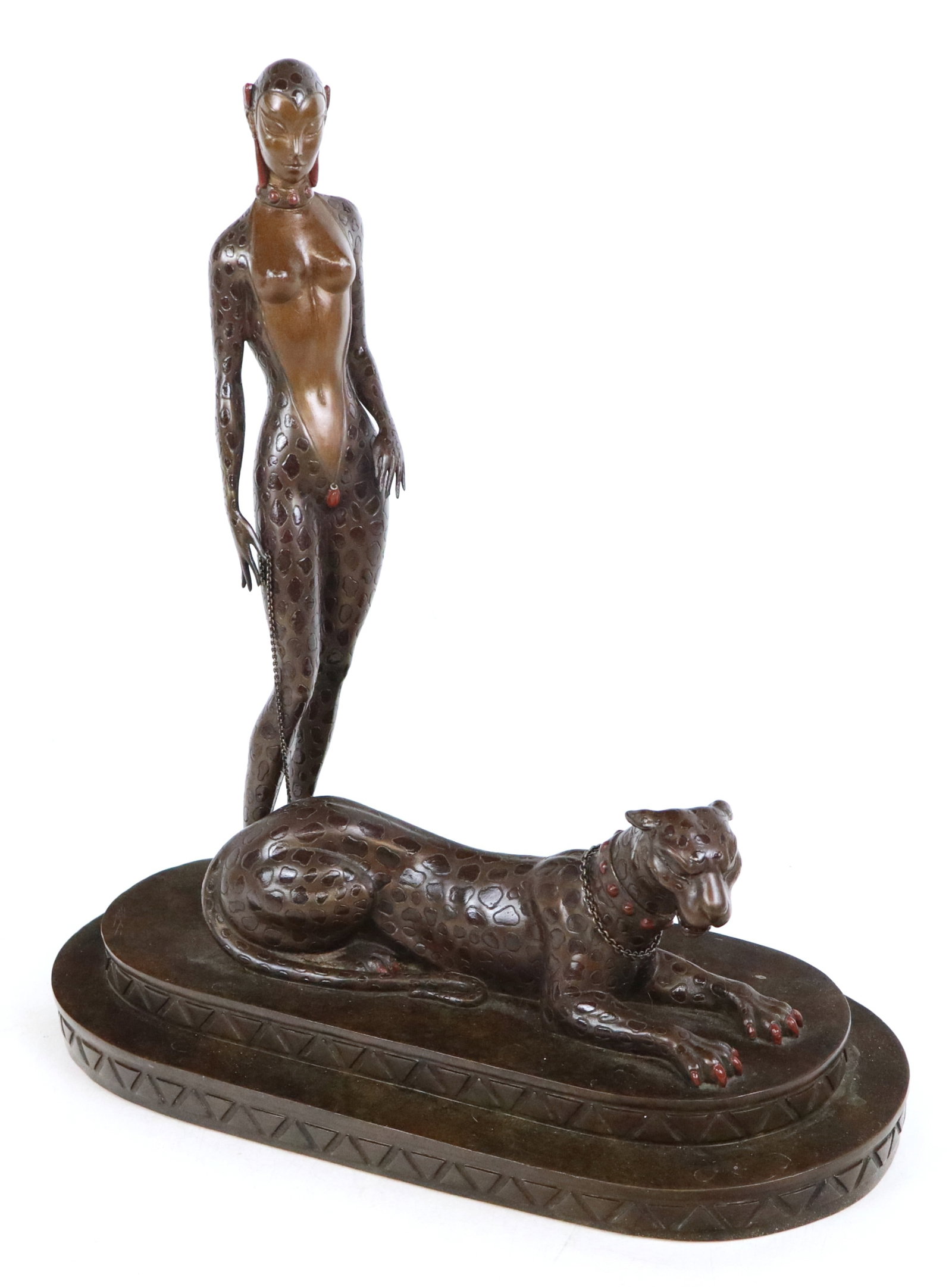 Erte 'La Femme a La Panthere' Bronze Sculpture: Romain de Tirtoff 'Erte' (Russian/French, 1892-1990) bronze sculpture 'La Femme a la Panthere' figurine of partially nude figure with a panther at her feet, mounted on a two step oval plinth, marked o