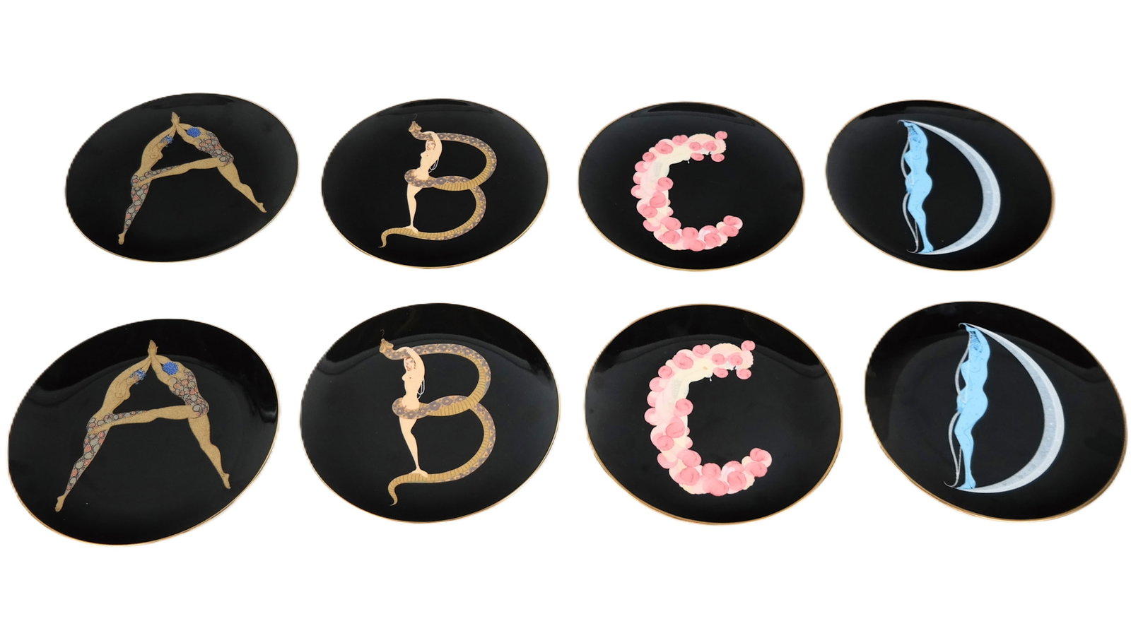 Erte Alphabet Porcelain Plates, 8: Erte "Alphabet" porcelain plates depicting females shaped into letters, comprising two pairs of letters 'A', 'B', 'C', and 'D', Japanese. [9" Diameter]. Overall condition is good.