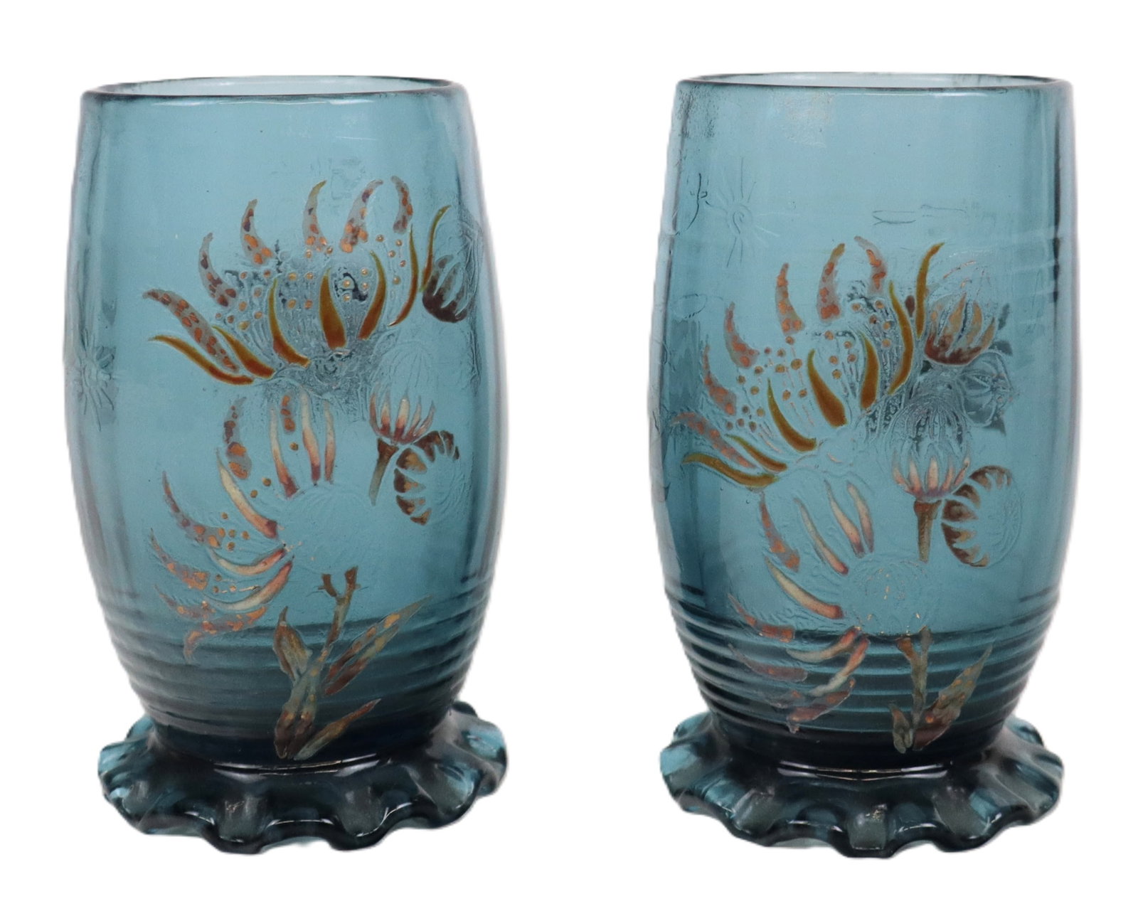 Emile Galle Two Model Enamel Decorated Glasses: Galle two enamel and etched floral decorated blue glass cups with crenulated vase, bases marked "Galle Modele et decor de Deposes Composit" and "Galle Modele Decor Deposes Composit". [4.5" H x 2.75" D