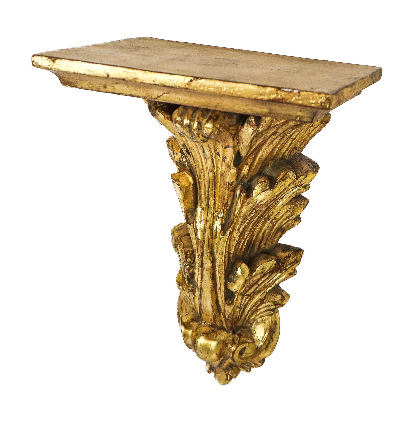 Pair of Georgian Carved and Gilded Brackets: Pair of Georgian carved and gilded wood classical brackets, probably early 20th century. [11.5" H x 7.75" W x 5.25" D]. Overall condition is good/fair with some losses due to age and use.