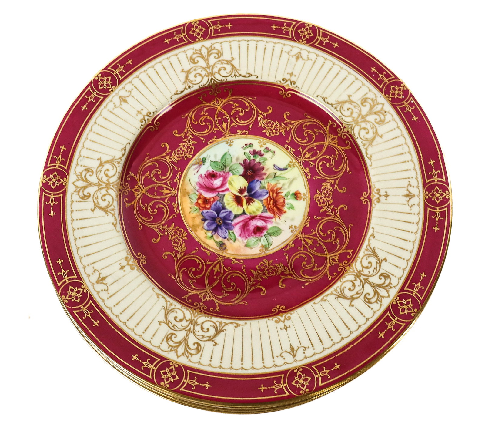 Royal Worcester Service Plates, 12: Royal Worcester set of 12 raspberry pink, cream and gilt decorated service plates with floral centers each signed Freeman, English, last quarter of the 20th century, marks to reverse. [10.5" Diameter]