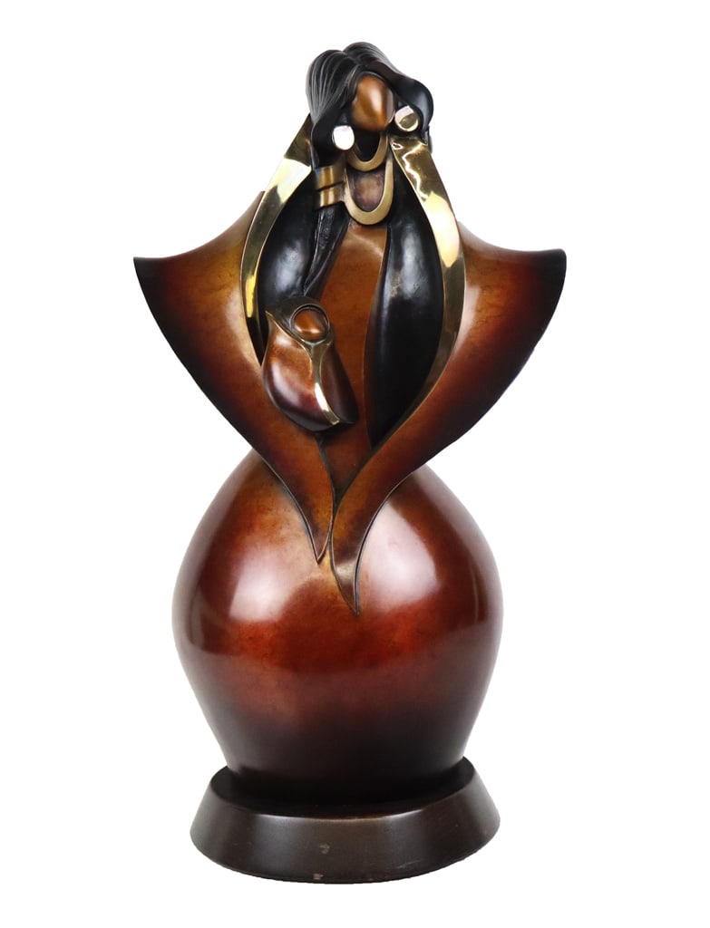 Kim OBRZUT Bronze Sculpture "Lullaby": Kim Seyesnem Obrzut (Hopi b. 1969) "Lullaby" bronze sculpture, a graceful depiction of a Hopi mother embracing her baby, on a revolving base, signed on the lower back with an maker's mark? K. Obrzut 2