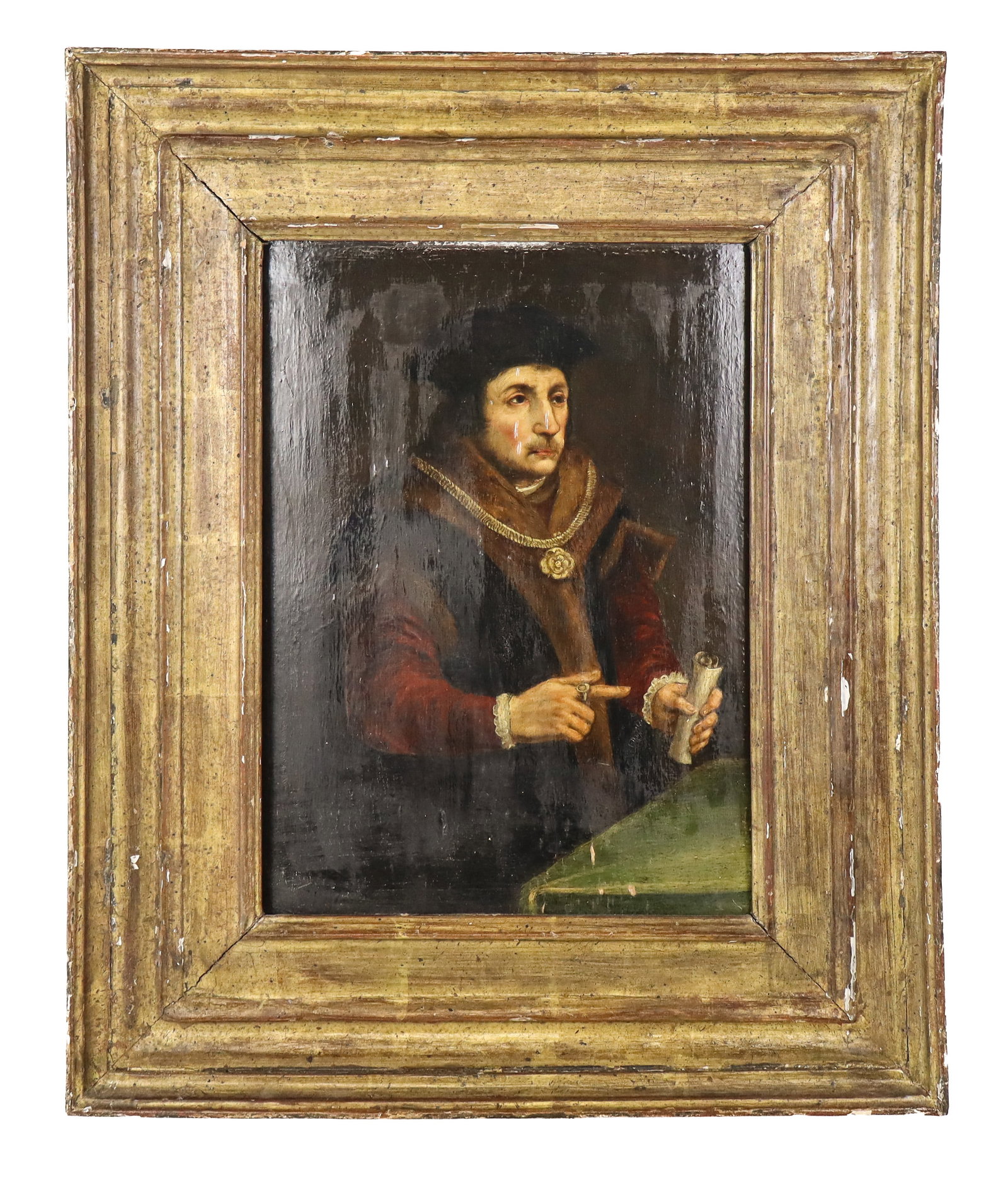 After Hans HOLBLEIN Portrait of Sir Thomas More: After Hans Holbein the Younger, oil on wood panel portrait of Sir Thomas More, depicting More holding and pointing to a rolled up paper in left hand, with necklace and large medallion, the frame and t