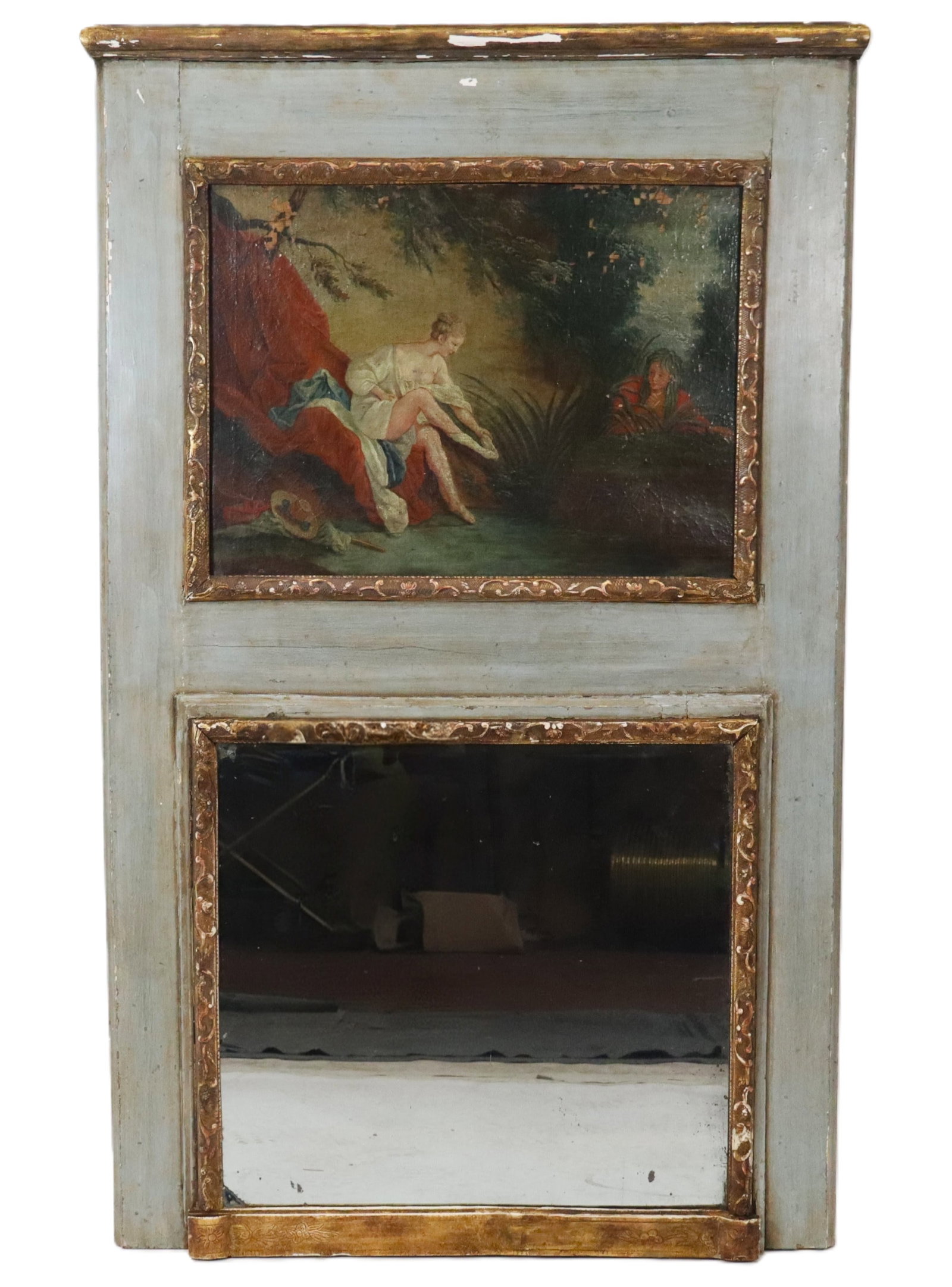Antique French Trumeau: Antique French trumeau, painted blue frame with gilt trim top, gilt framed oil on canvas of a maiden at dress in woods, with someone in bush, and lower mirrored frame. 18th century. [57.5" H x 36" W].