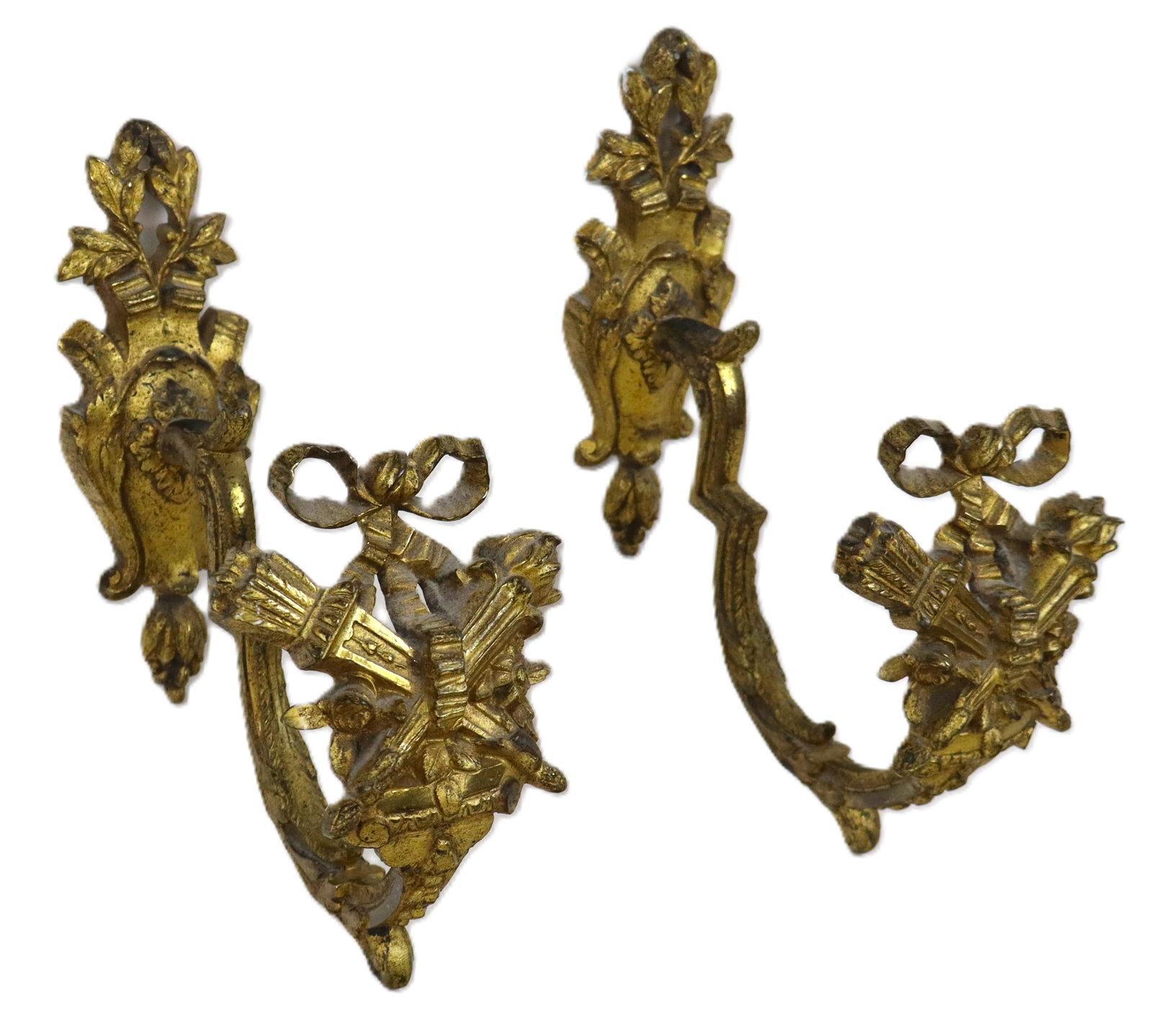 Pair of Bronze Tiebacks: Pair bronze tiebacks, French, with leaf, ribbon and sheaf of wheat designs. Signed on back RTZ. [8" H x 6" D]. Good condition.