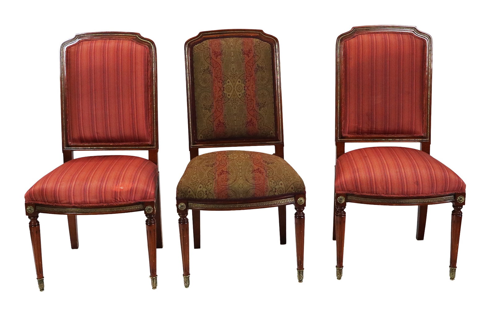 Set of Three French Side Chairs: Set of three French side chairs, carved mahogany, bronze trim, one with different fabric. [41" H x 21" W x 25" D]. Fabric stains, one loose frame.