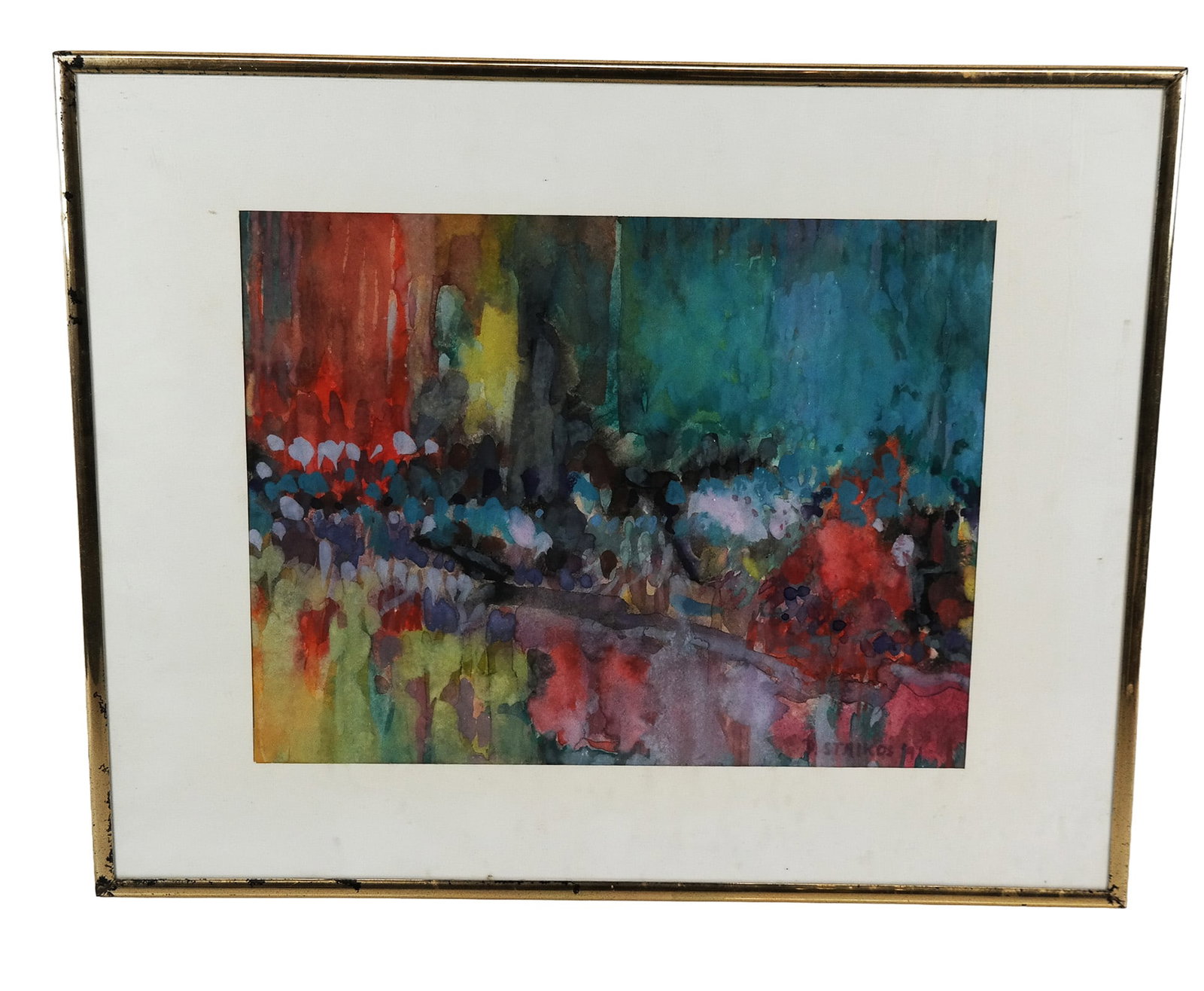 Peter STAIKOS Abstract Watercolor: Peter Staikos (American, 20th century) abstract water color in a frame, 1991, signed P. Staikos, to lower right. [Framed: 16.25" H x 20" W]. Condition is good with minor wear to frame.