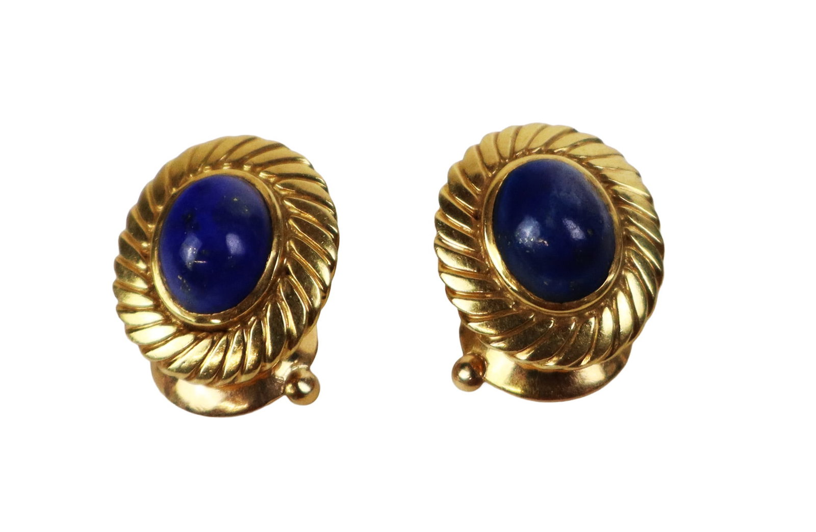 Van Cleef & Arpels Pair of Lapis & Gold Ear Clips: Van Cleef & Arpels pair of lapis lazuli and gold ear clips, marked VCA NY 18K. [Total 8.1 dwt., .75" L x .50" W]. Overall condition is good. Property from the family of Leonard Bernstein.