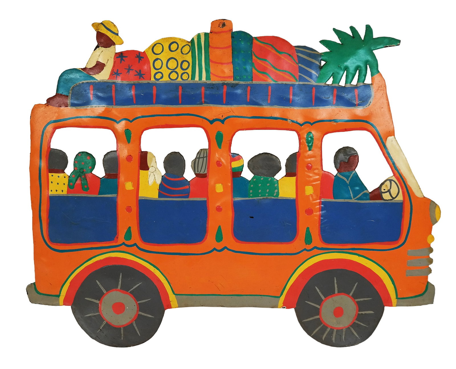 Painted Tin Chiva Bus: Painted tin applique in the form of a Chiva bus, 20th century, marked Sunny Caribbee to verso. [15" H x 19" W]. Condition is good with expected minor dents.