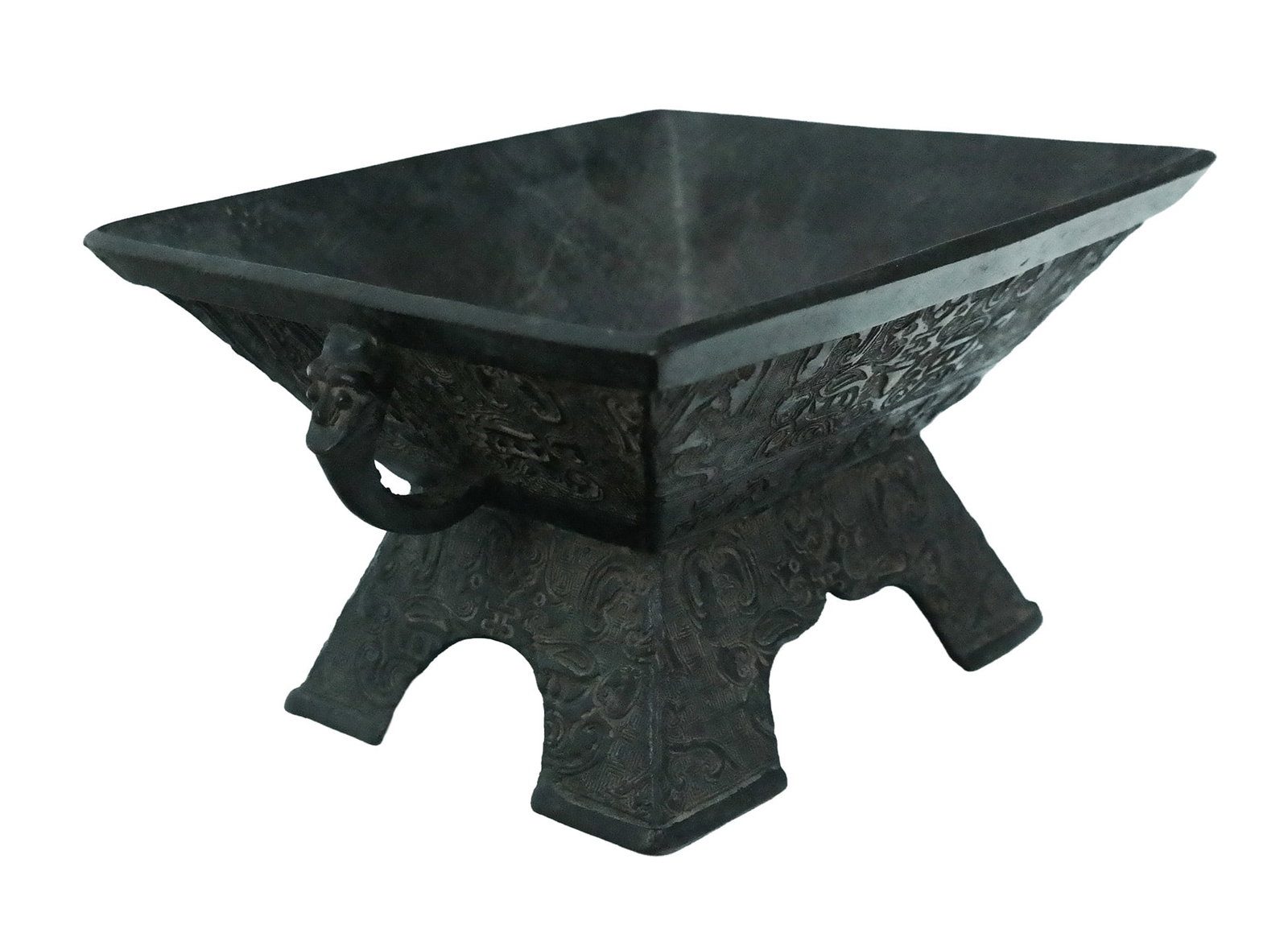 Chinese Bronze Archaistic Fangding: Chinese archaistic fangding vessel, 20th century, with taotie and thunder pattern, and two mask handles, on feet. [5" H x 8.25" W x 7.25" D]. Condition is good with surface wear and patina.