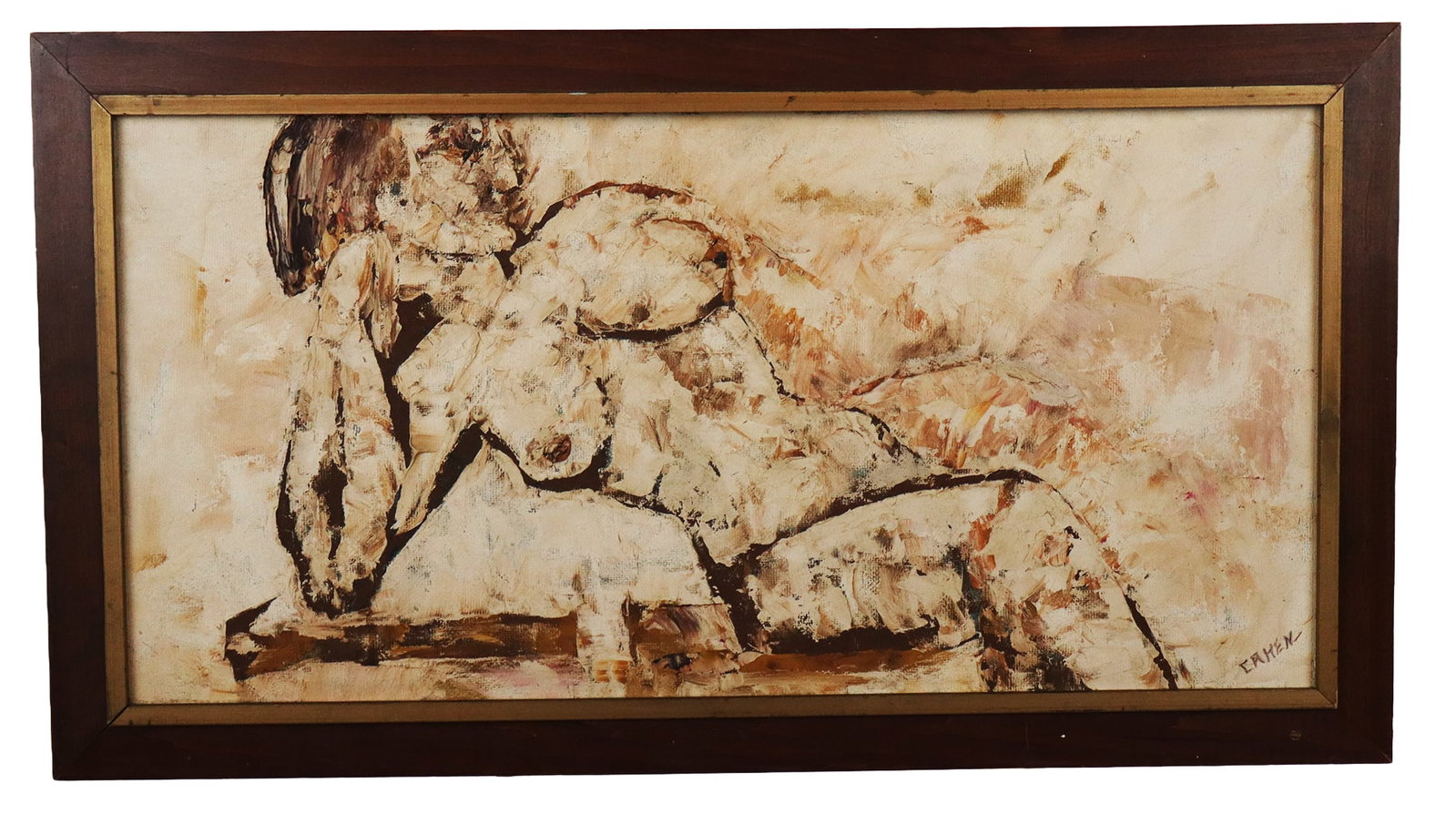 Claire CAHEN Nude Woman Oil on Board: Claire Cahen (American, 20th Century) oil on board painting depicting a seated nude woman, signed lower right "Cahen," framed. [Board: 15" H x 30" W; Frame: 18.5" H x 33.5" W]. Good condition, frame w