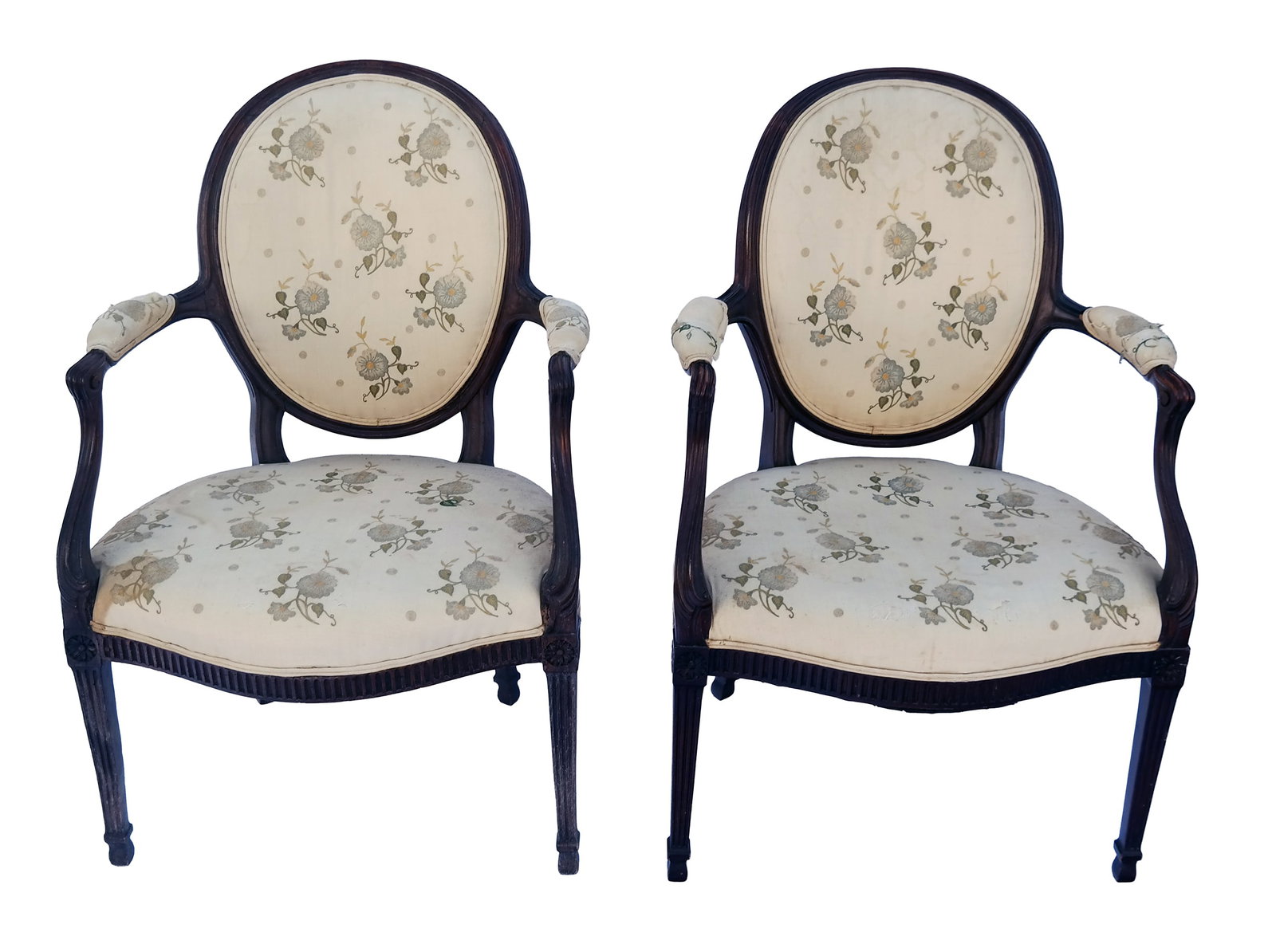 Pair of Louis XVI Carved Fauteuils: Pair of Louis XVI carved mahogany fauteuils, first half 20th century [37.5" H x 25" W x 22" D; Seat height: 16"]. Overall condition is good/fair, with minor losses, nicks and scuffs, upholstery tatter