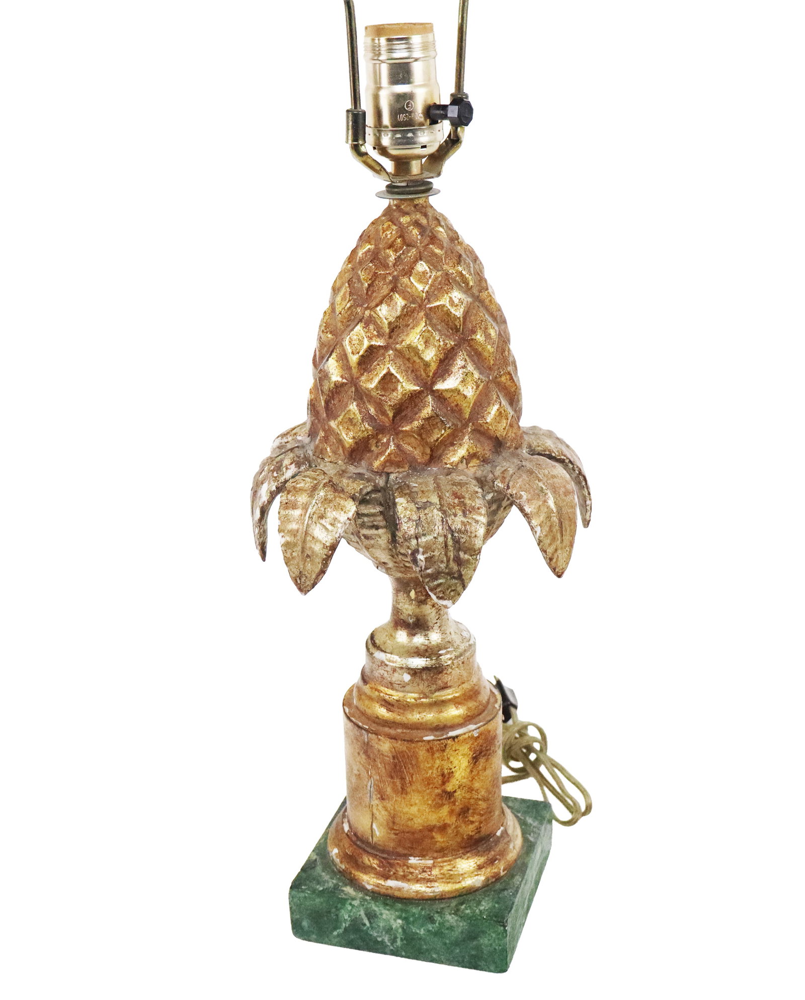 Gilt Wood Pinapple Lamp: Gilt wood pinapple set in leaves on a colum base in faux malichite plyanth. Missing a leaf [18" to top of socket]. Condition is good.