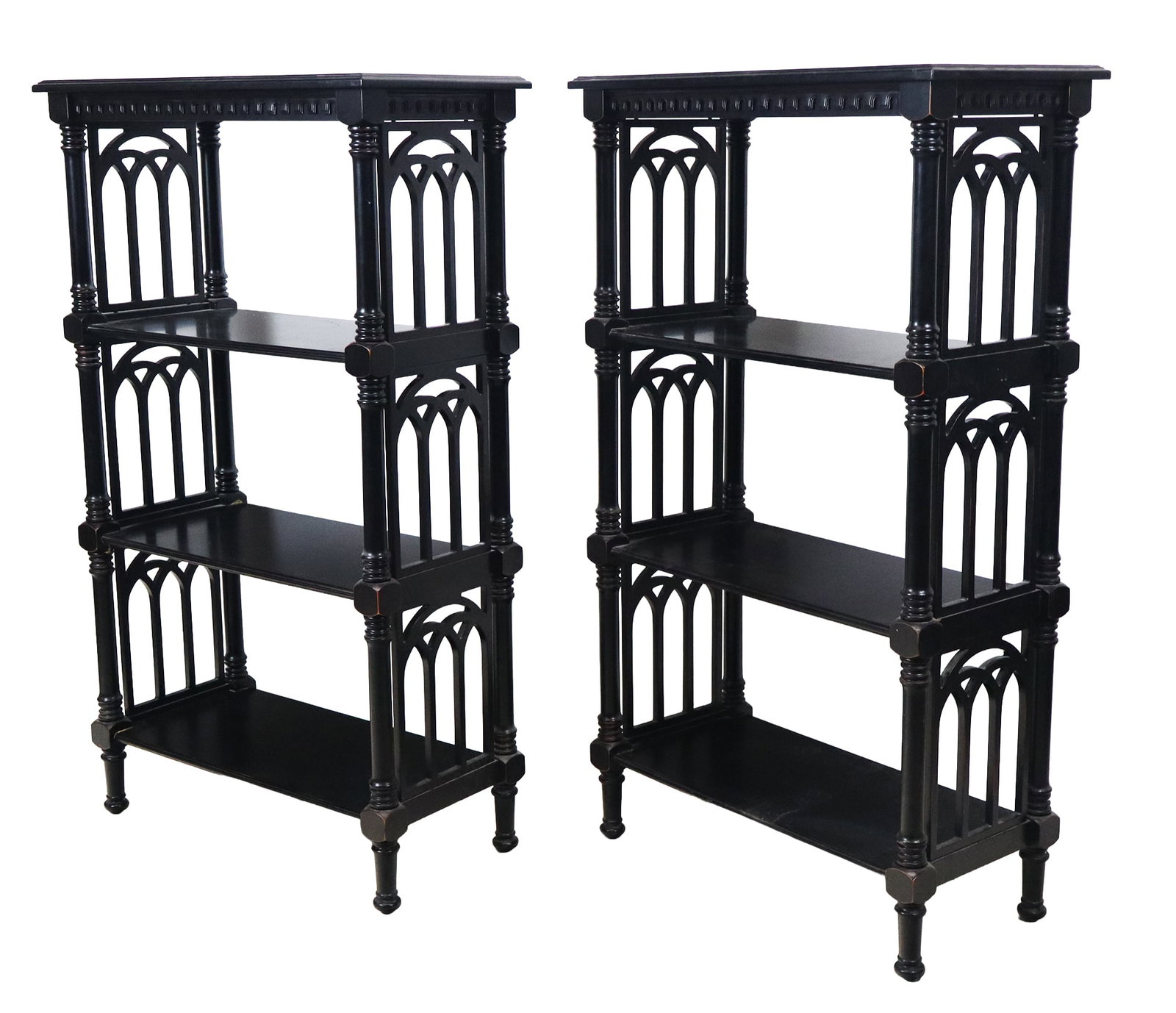 Pair Black Painted Open Etageres: Pair Black painted open etageres in Empire style, 4 tiers with carved columns and open carved sides. [48" H x 28" W x 14" D]. Loose, needs tightening, scratches to paint. LOCATED AT 150